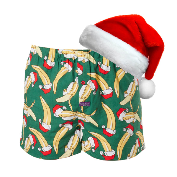 Men's Christmas Jolly Banana Cotton Boxer Shorts with Santa Hat - Green
