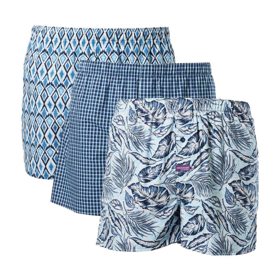 Men's Leaf & Vine Cotton Boxer Shorts 3 Pack - Blue - Image #1