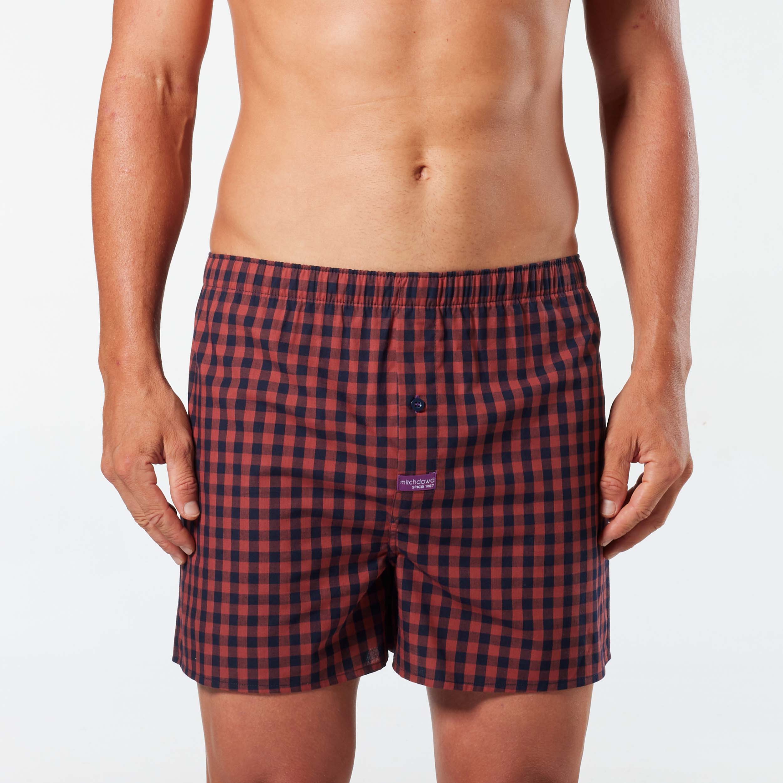 Men's Simple Check Cotton Boxer Shorts - Red - Image 1