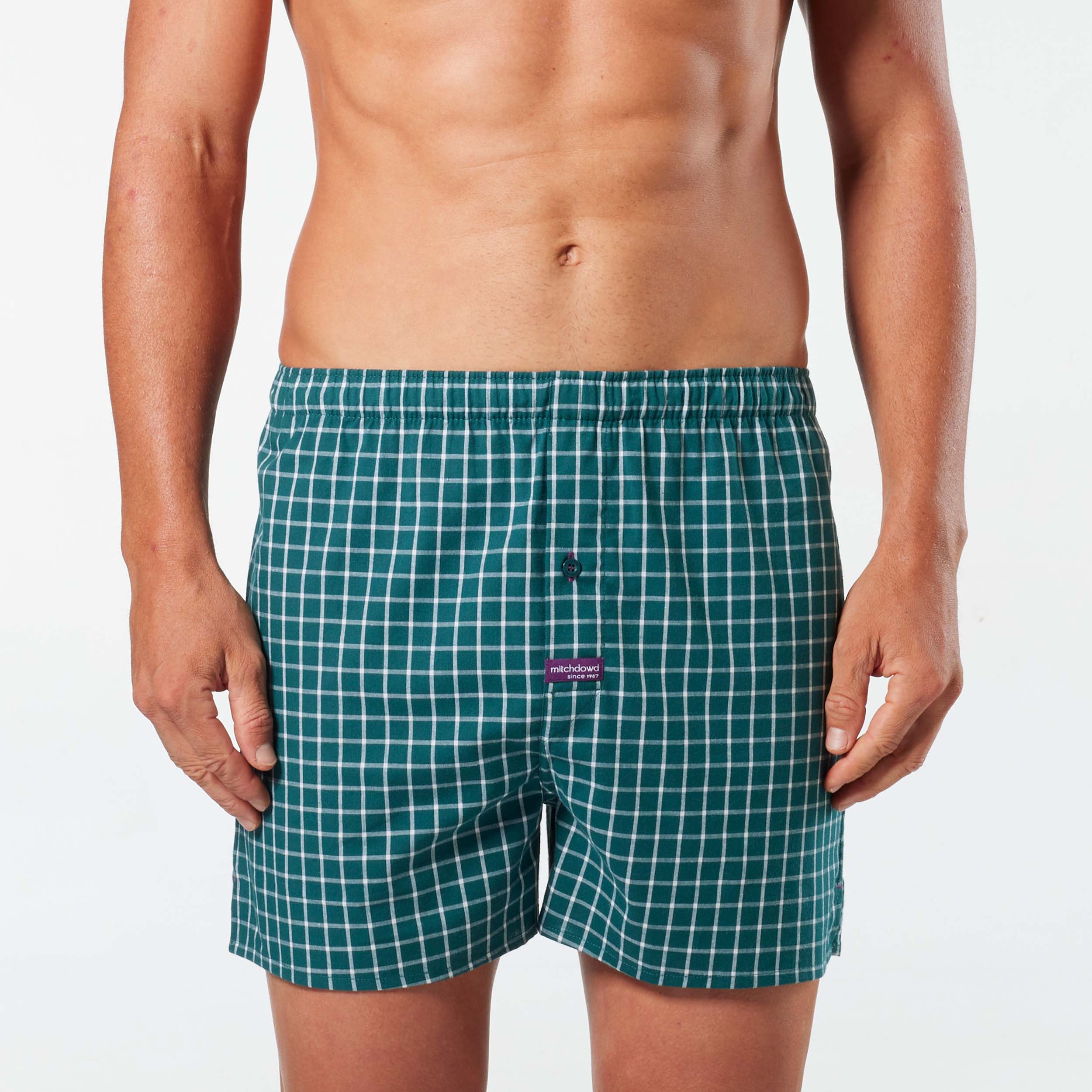 Men's Grid Check Cotton Stretch Boxer Shorts - Green - Image 1