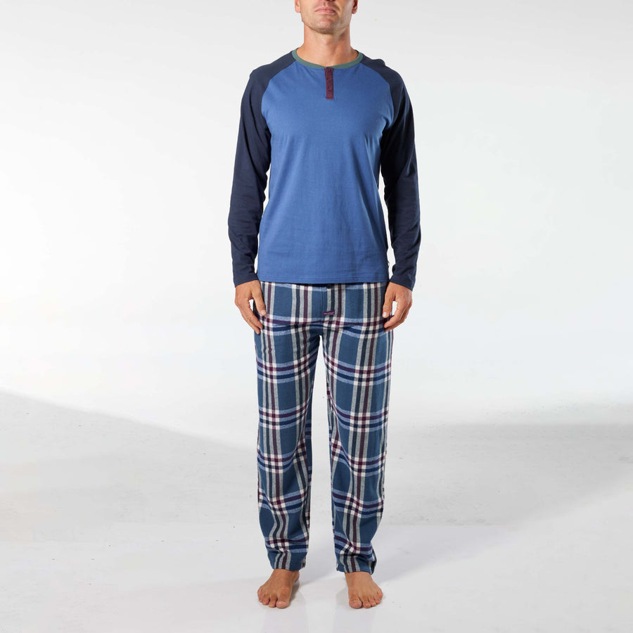 Men's Ricky Cotton Flannel Long Pyjama Set - Blue - Image #1
