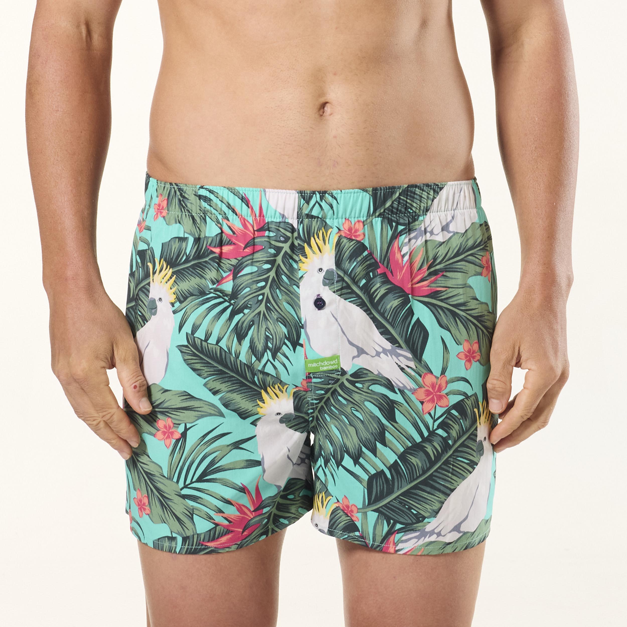 Men's Cockatoo Leaves Bamboo Boxer Shorts - Green - Image 1