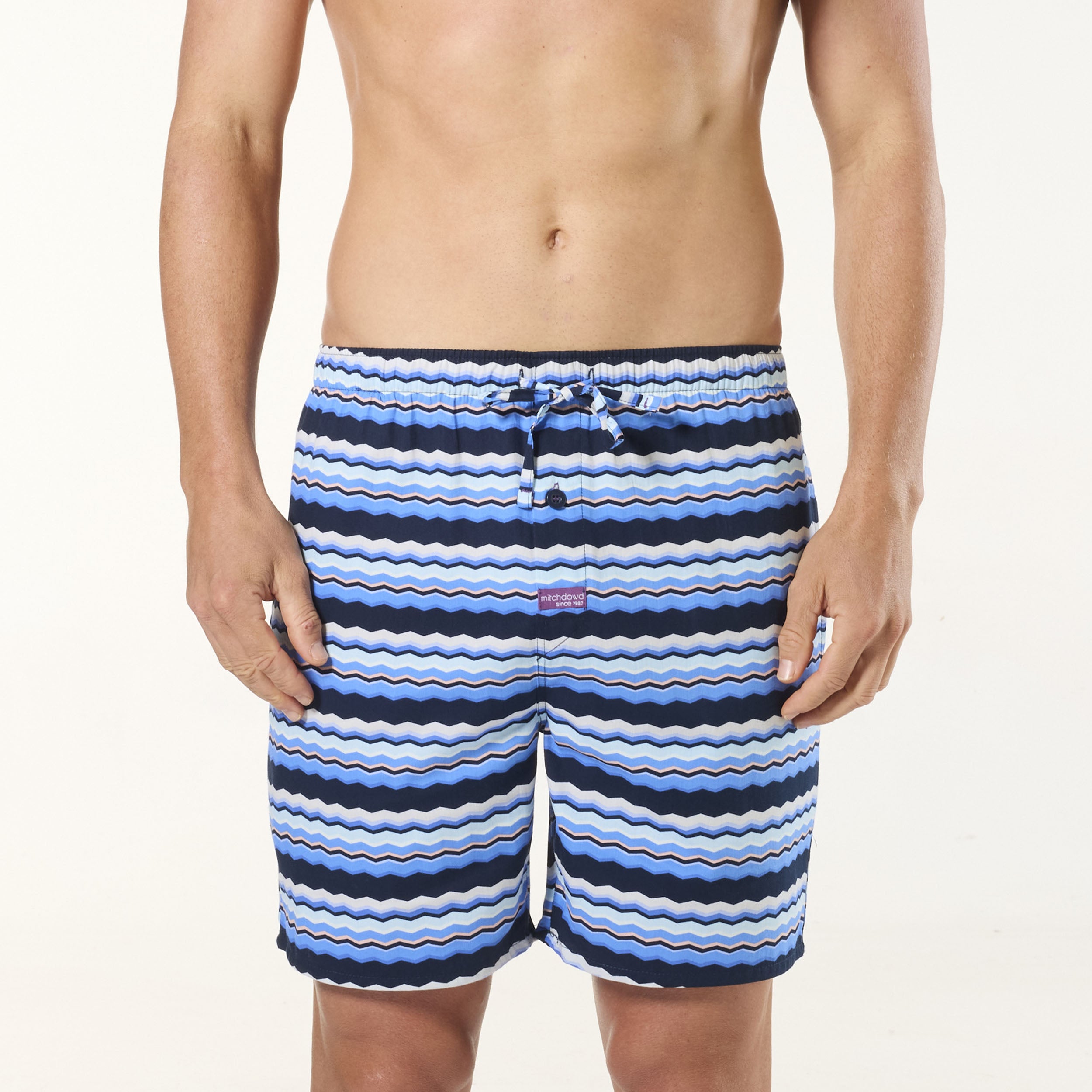 Men's Wave Stripe Cotton Sleep Shorts - Blue - Image 1