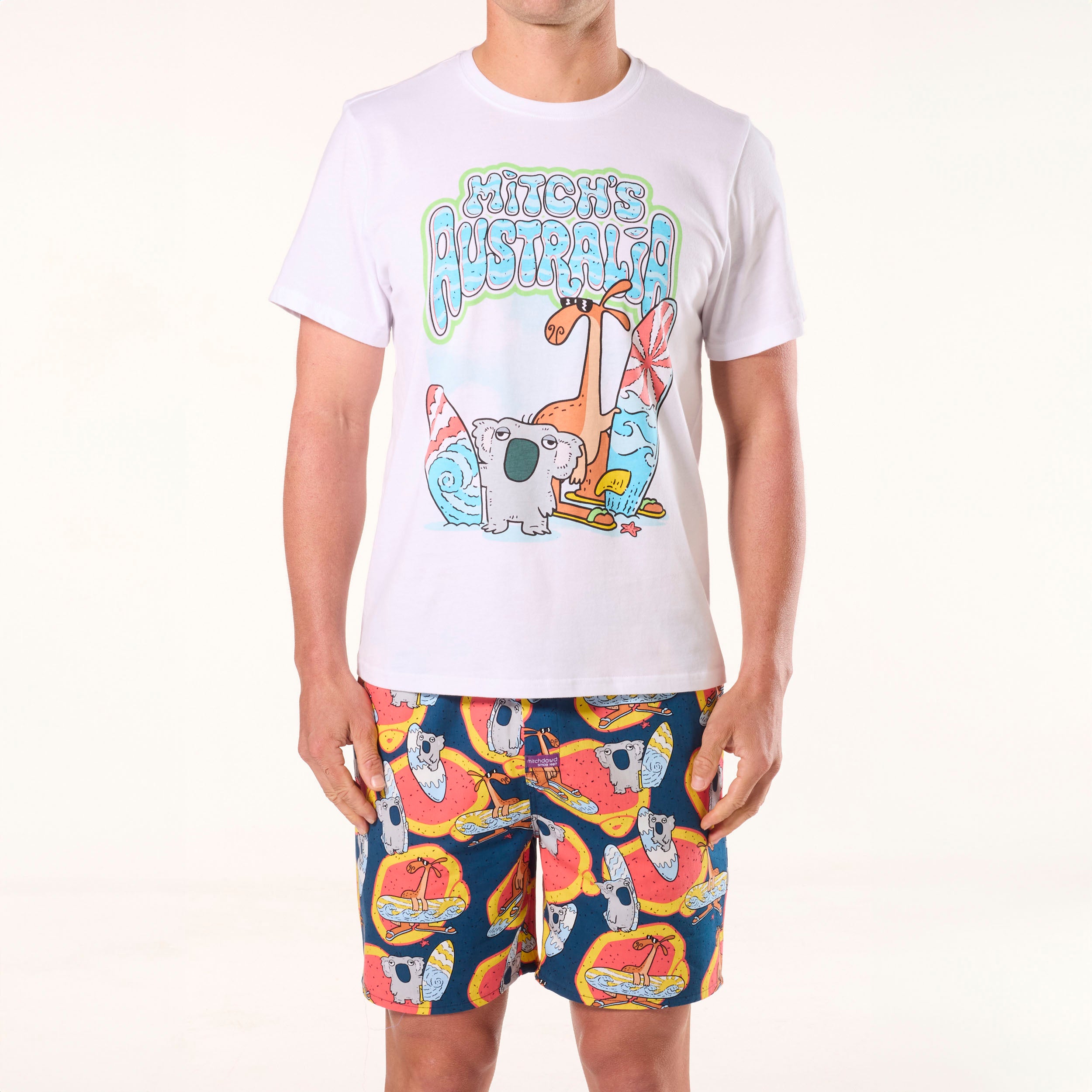 Men's Surfin' Koala & Roo Cotton Pyjama Set - White - Image 1