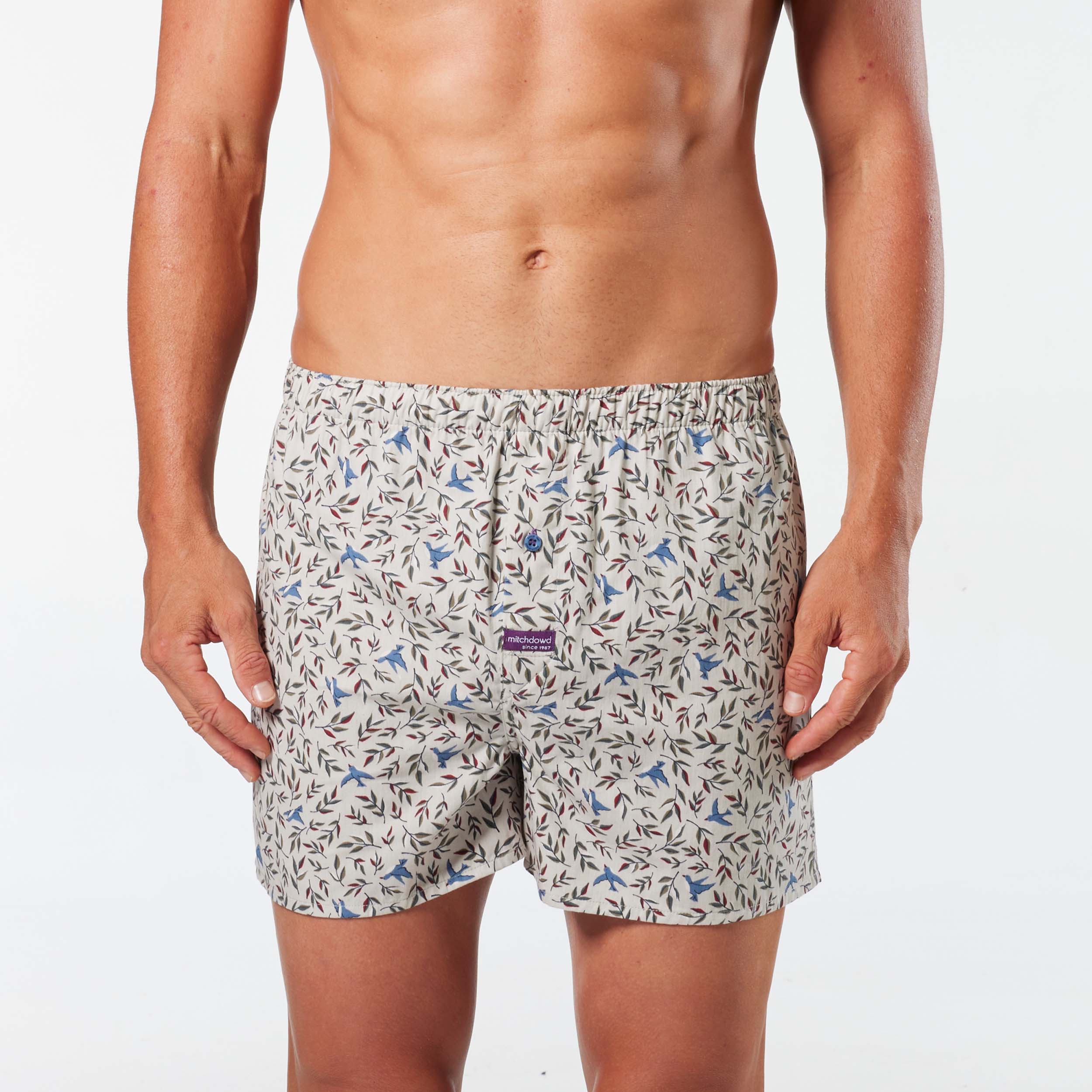 Men's Leaf & Bird Cotton Boxer Shorts - Stone - Image 1