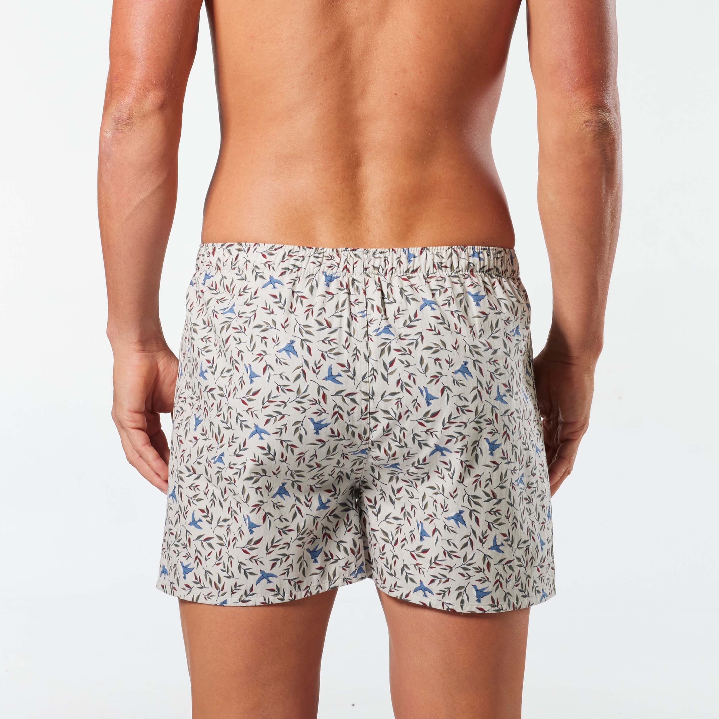 Men's Leaf & Bird Cotton Boxer Shorts - Stone - Image 3