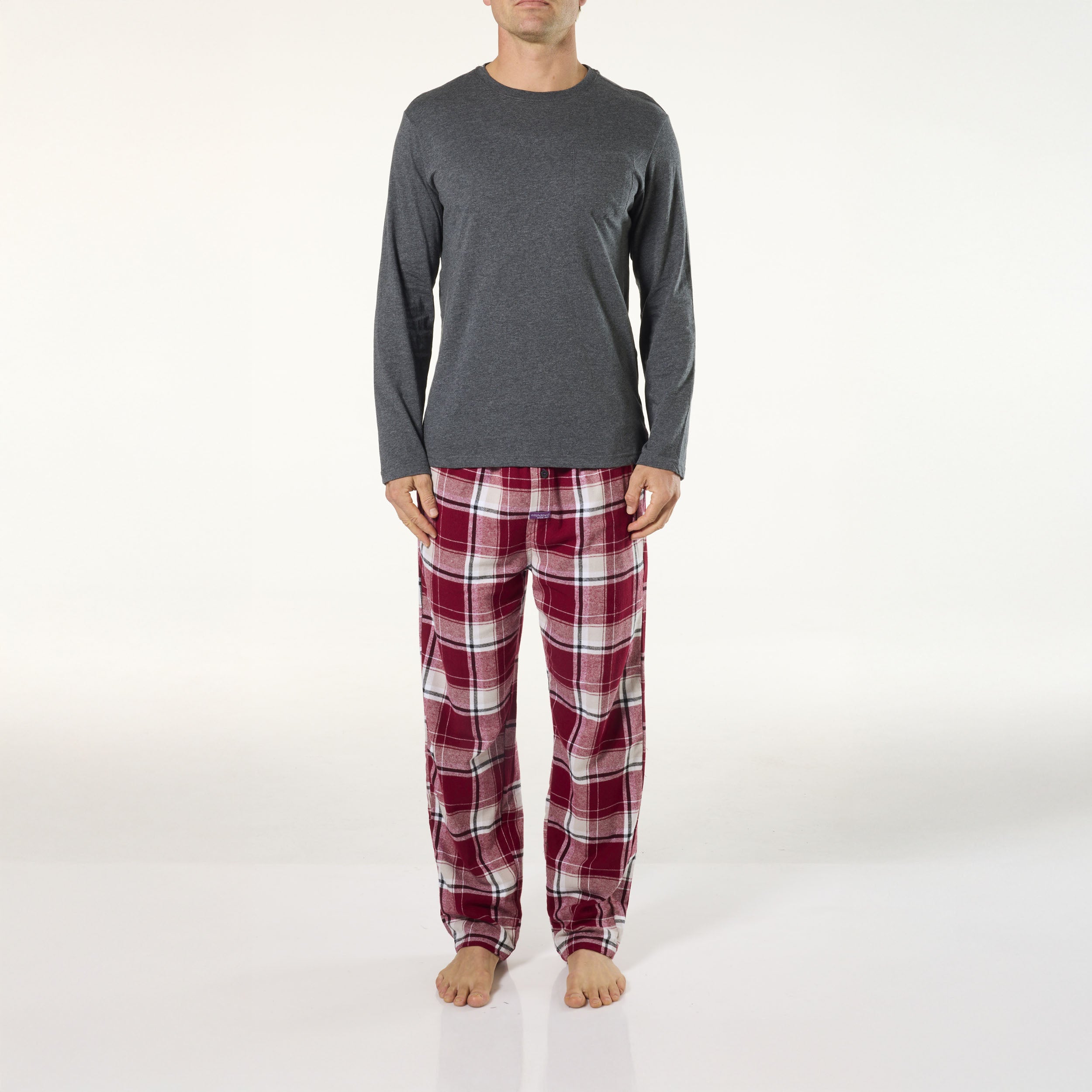 Mens Cotton Sleep Set - Light Grey Marle & Red