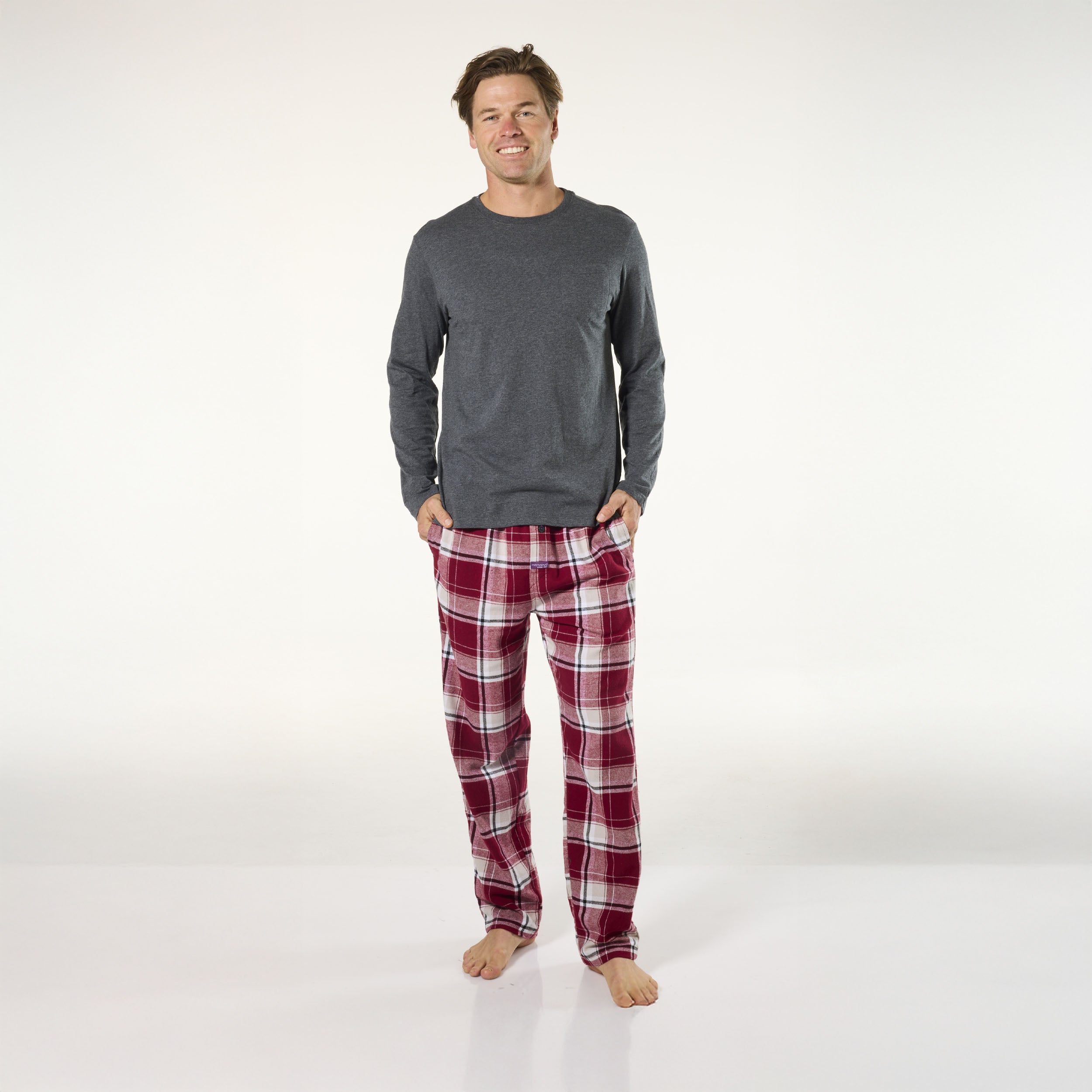 Mens Cotton Sleep Set - Light Grey Marle & Red