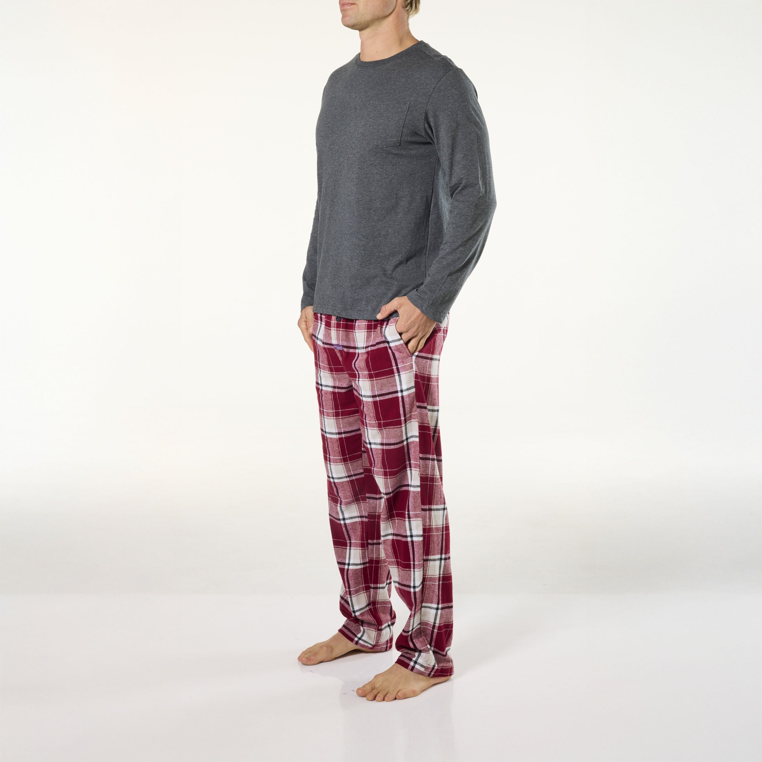 Mens Cotton Sleep Set - Light Grey Marle & Red