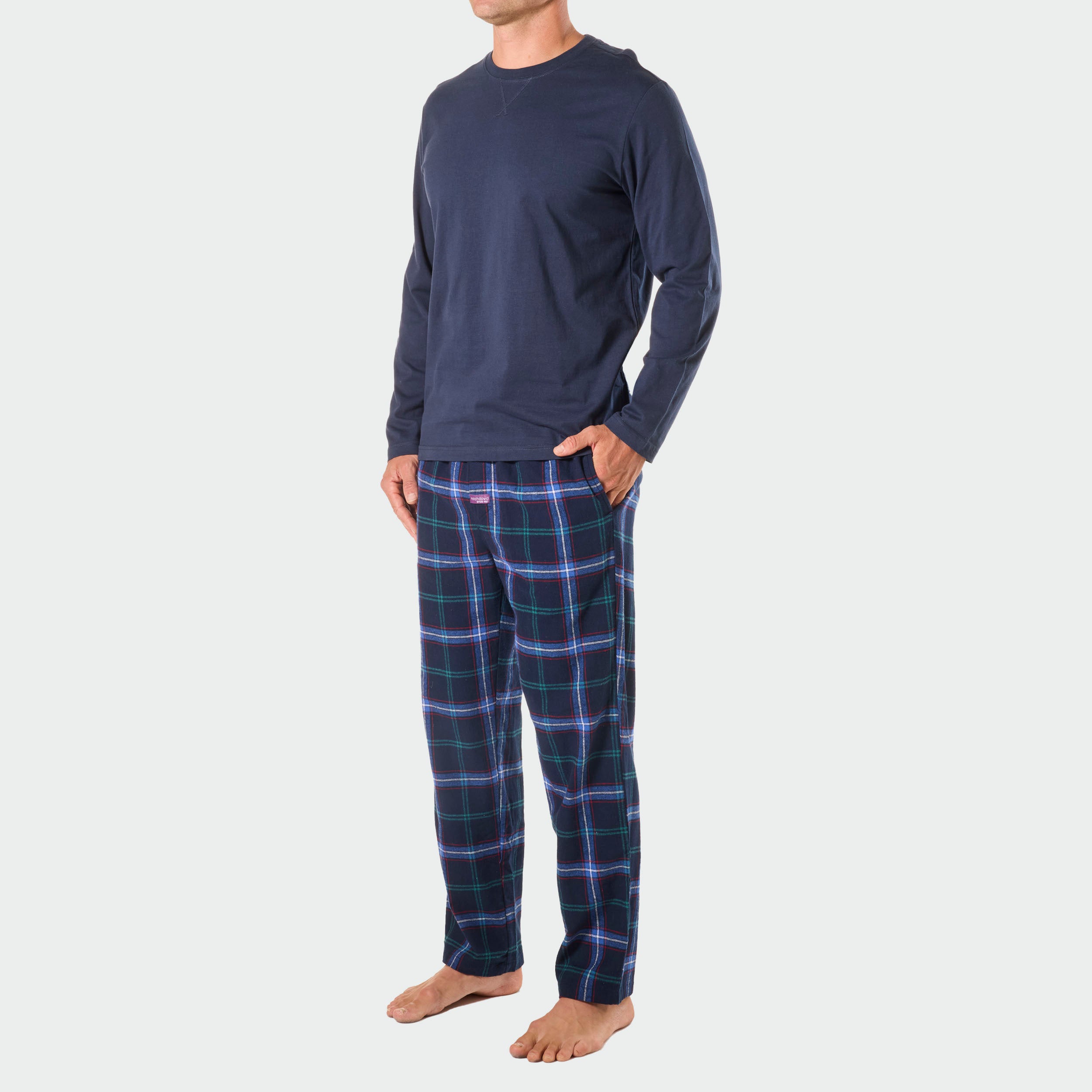 Men's Miles Check Cotton Flannel Long Pyjama Set - Navy - Image 2