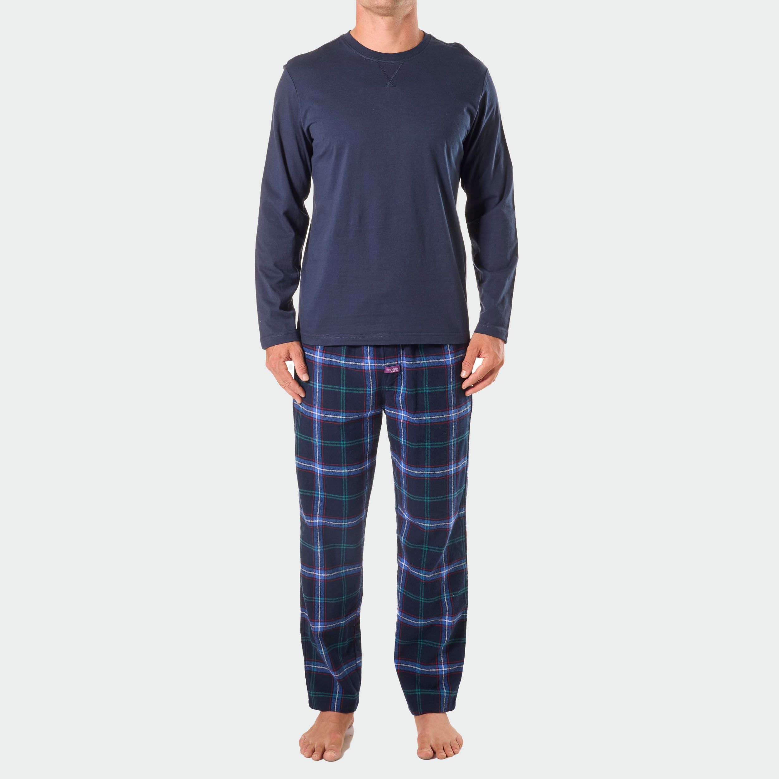 Men's Miles Check Cotton Flannel Long Pyjama Set - Navy - Image 1