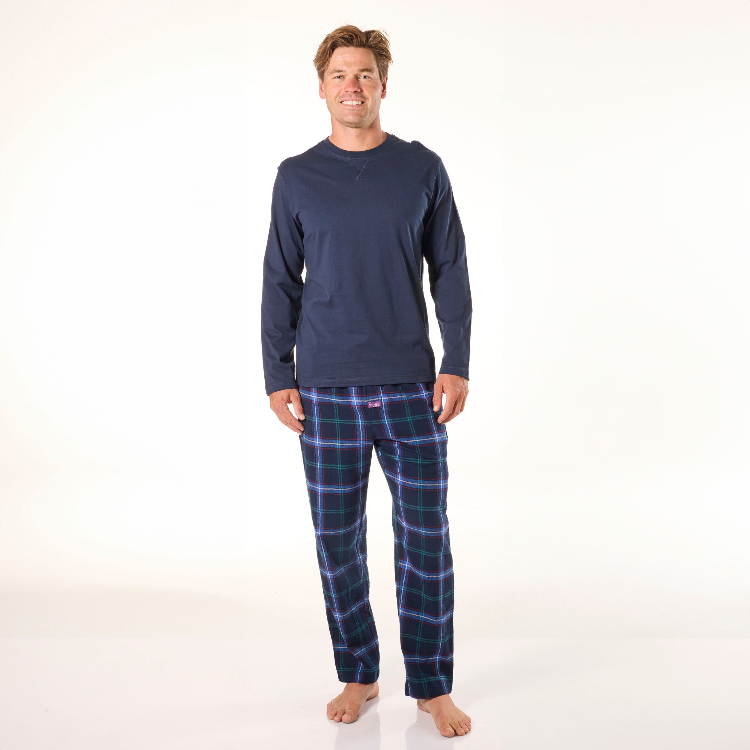 Men's Miles Check Cotton Flannel Long Pyjama Set - Navy - Image 4