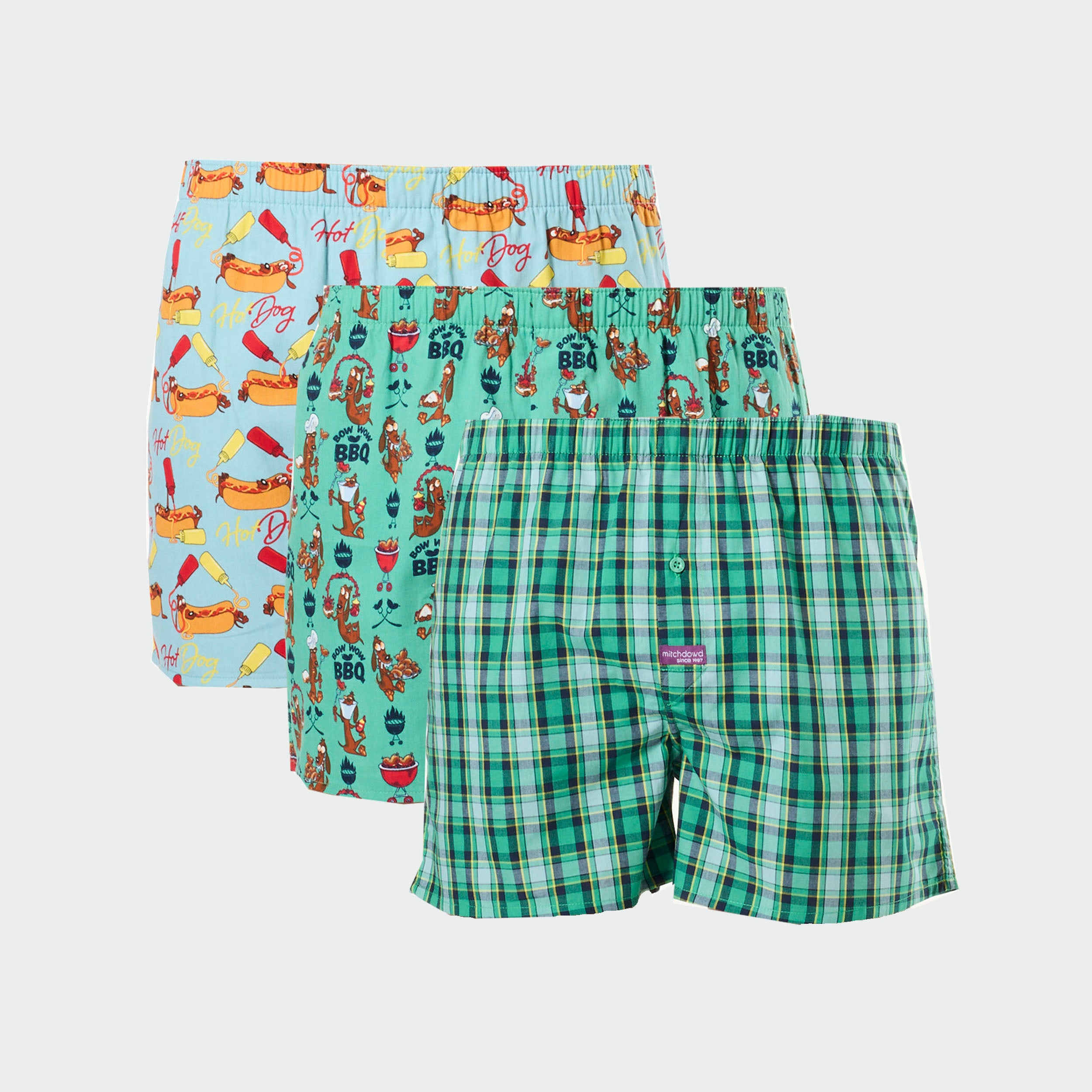 Mitch Dowd Men's Woven Boxer Shorts 3Pack Hot Dog,BBQ and Check Designt