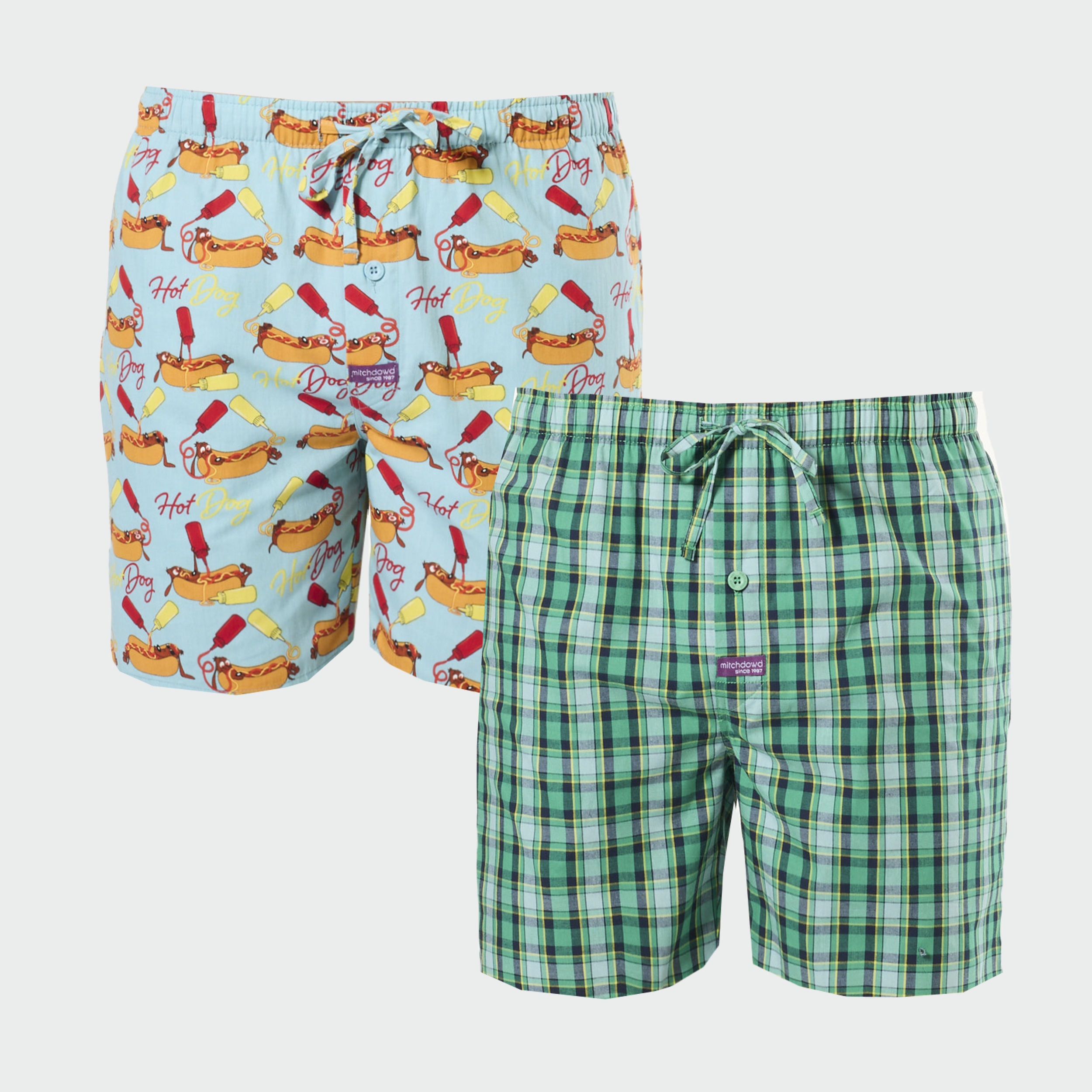 Mitch Dowd Men's 2Pack Boxer Shorts Hot Dog Print & Green Check