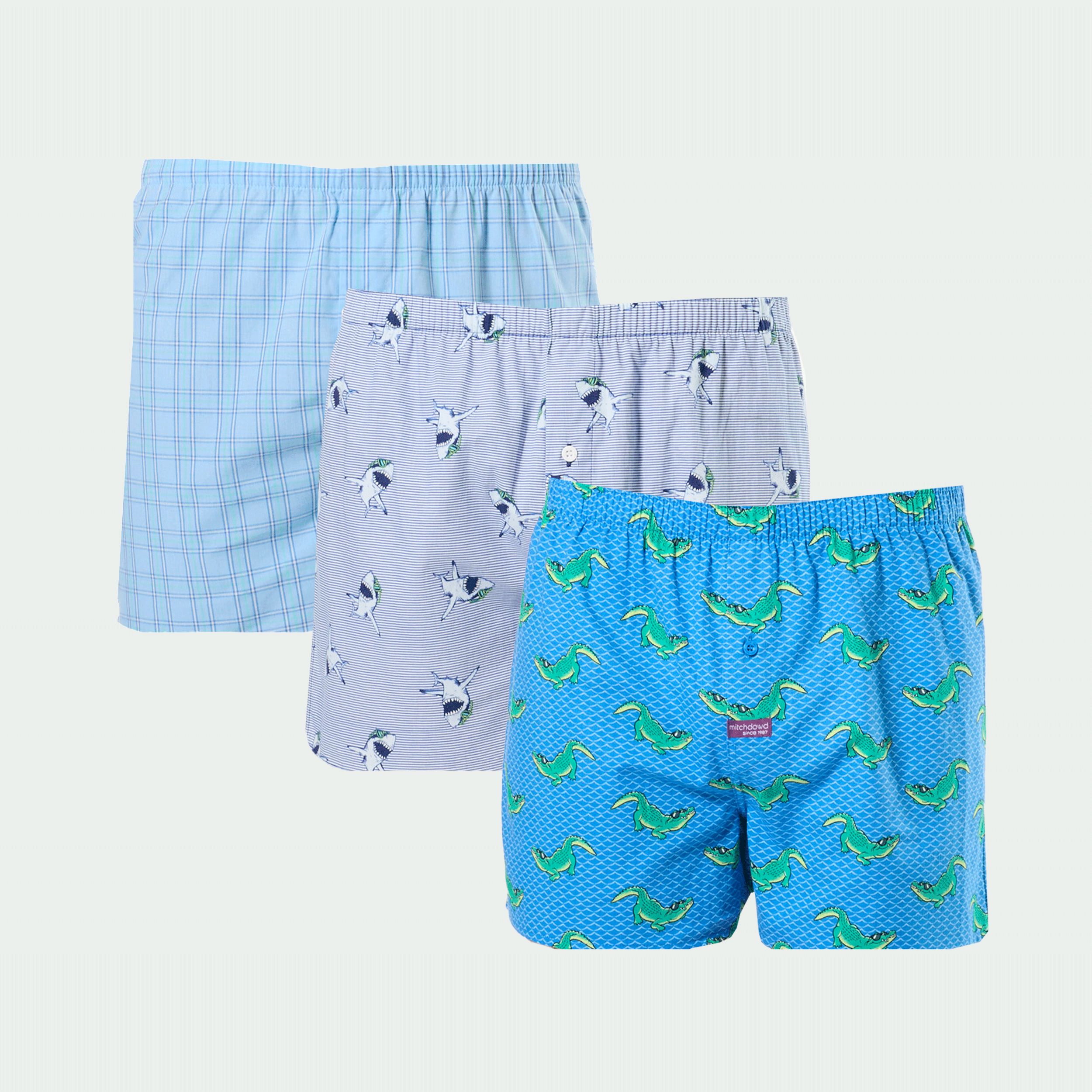 Mitch Dowd Men’s 3 Pack Boxer Shorts in Sharks, Crocs and Checks Design