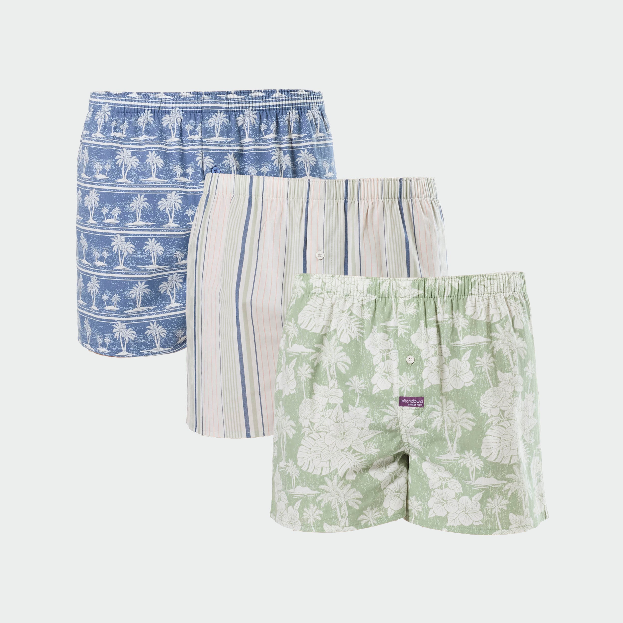 Mitchdowd Men’s Maui 3 Pack Boxer Shorts - Tropical and Stripe Sleepwear