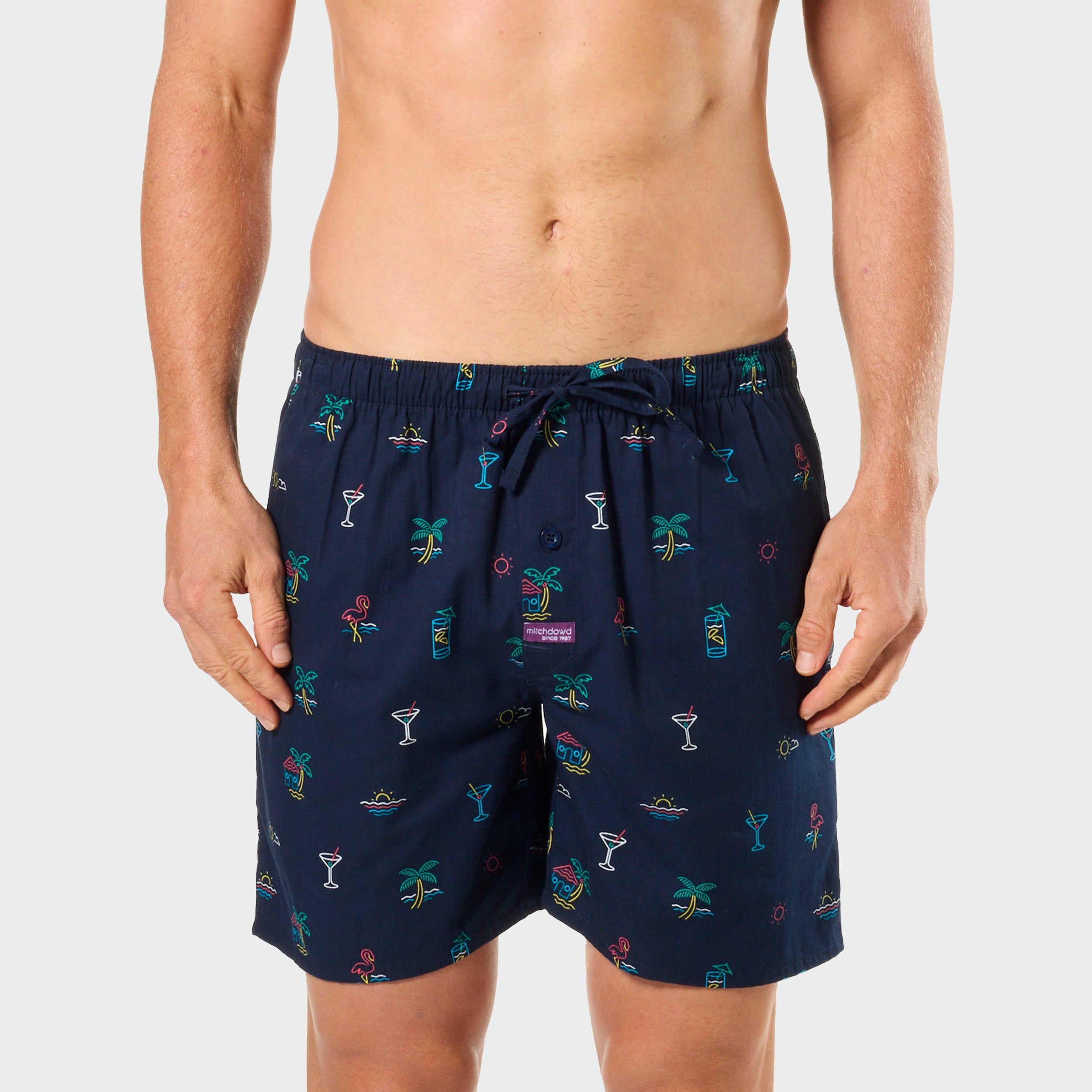 Mitch Dowd Men's Bamboo Sleep Shorts Neon Beach Print in Navy