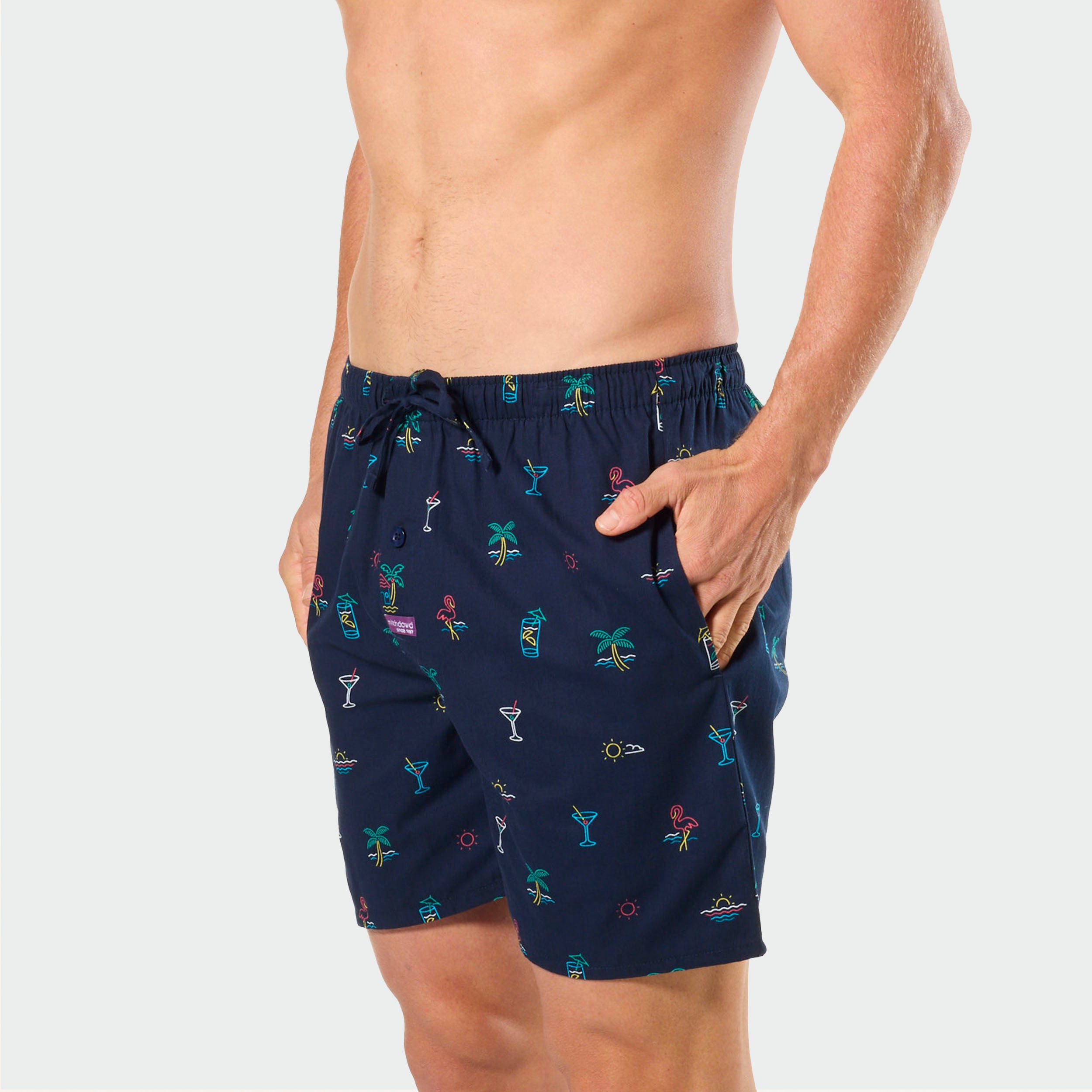 Mitch Dowd Men's Bamboo Sleep Shorts Neon Beach Print in Navy