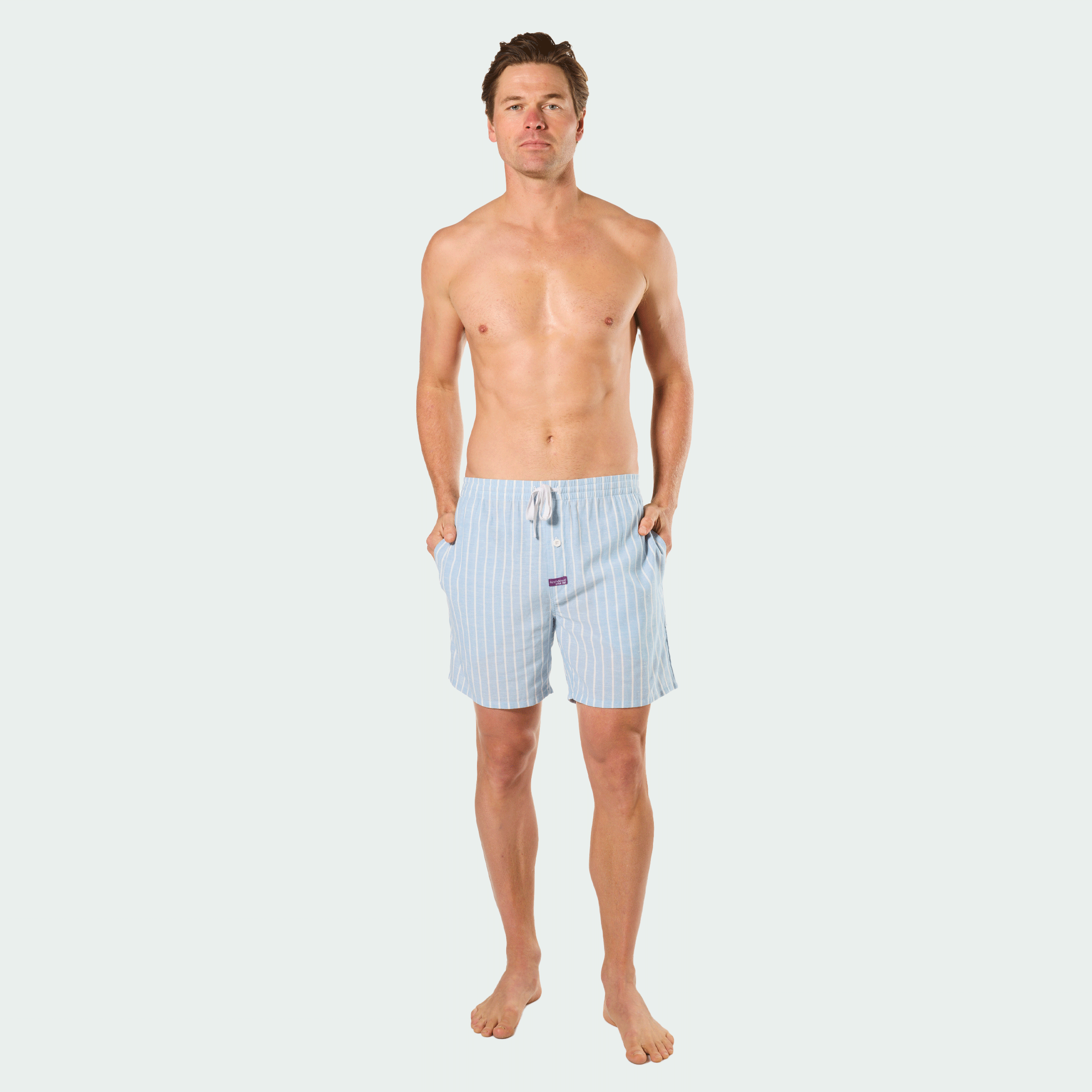 Mitchdowd Men’s Woven Cotton Sleep Shorts in Light Blue Pinstripe
