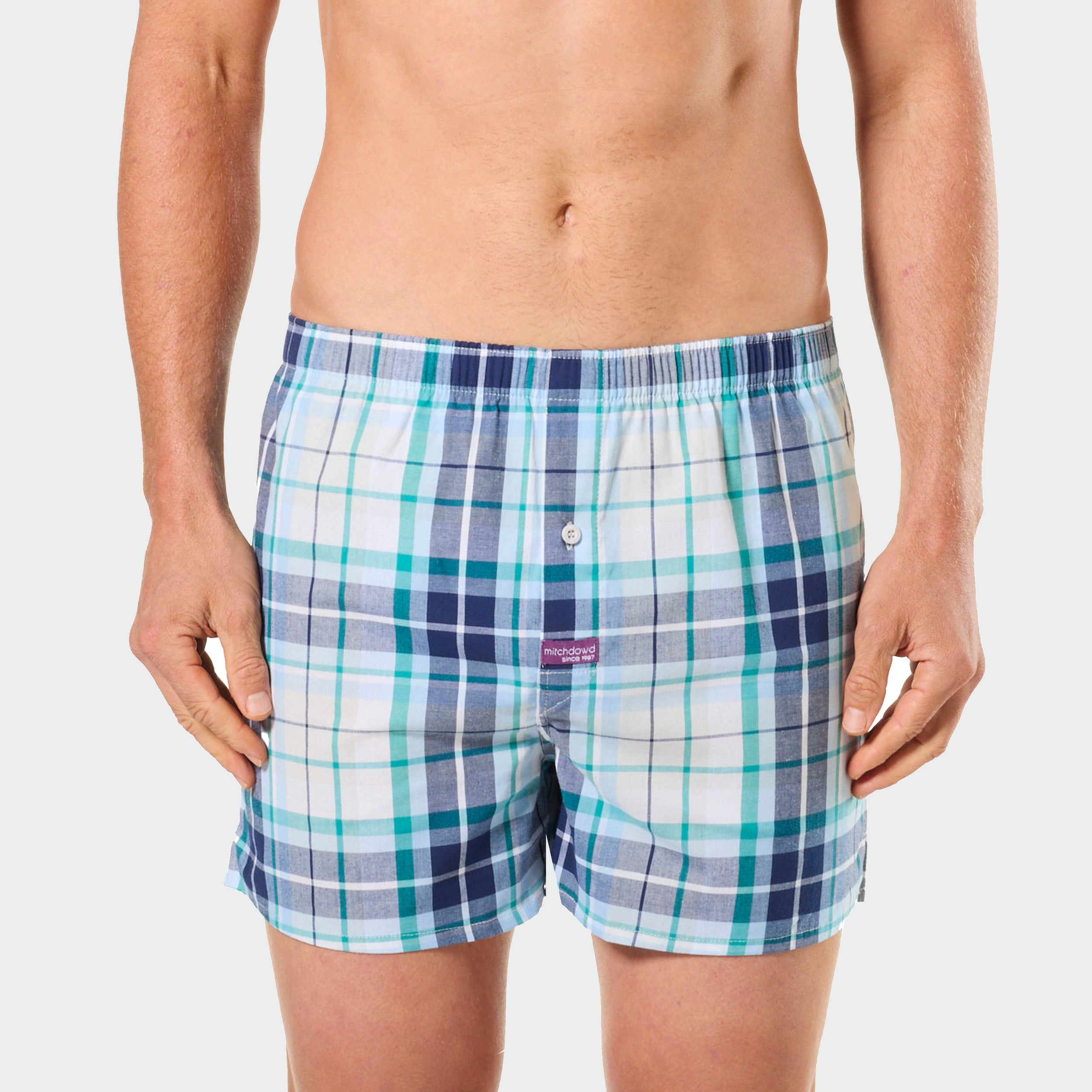 Mitch Dowd Men's Woven Boxer Shorts White and Teal Check