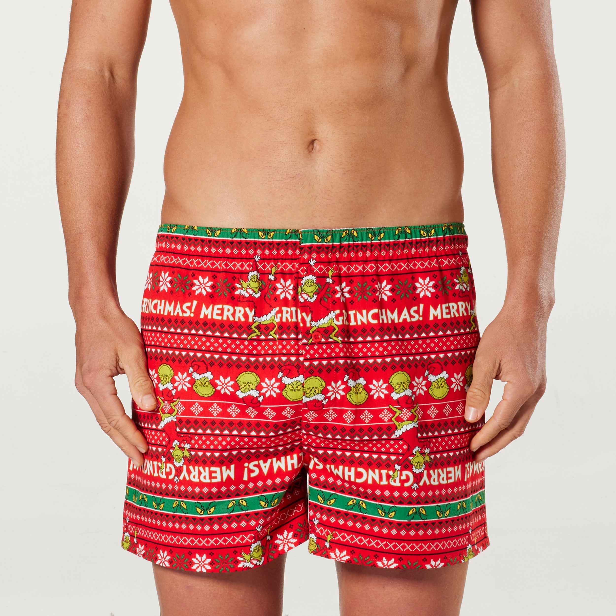 Men's Grinch Christmas Fair Isle Boxer Shorts - Red - Image 1