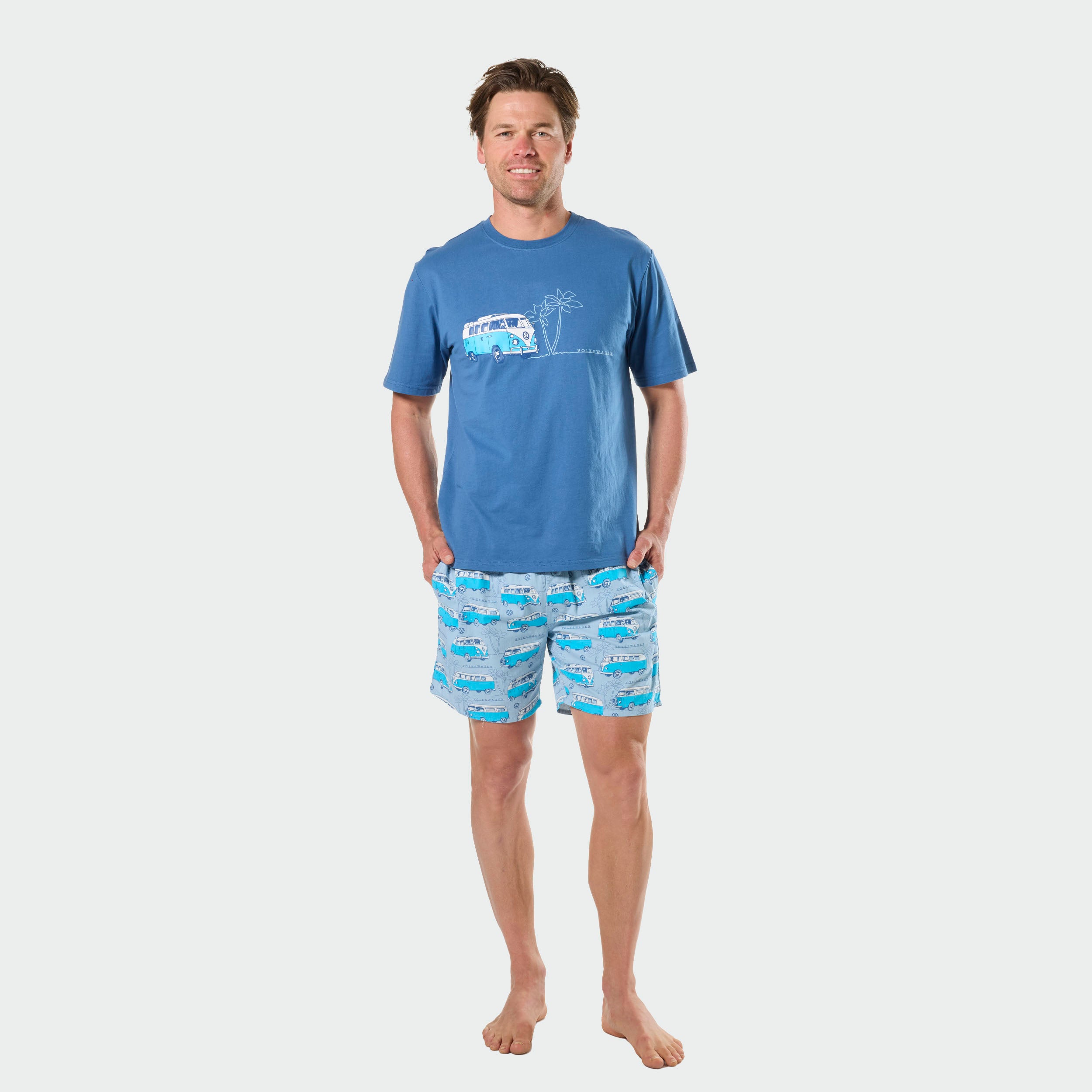 Mitchdowd VW Men’s Cotton Pyjama Set - Kombi Van Print Tee and Shorts