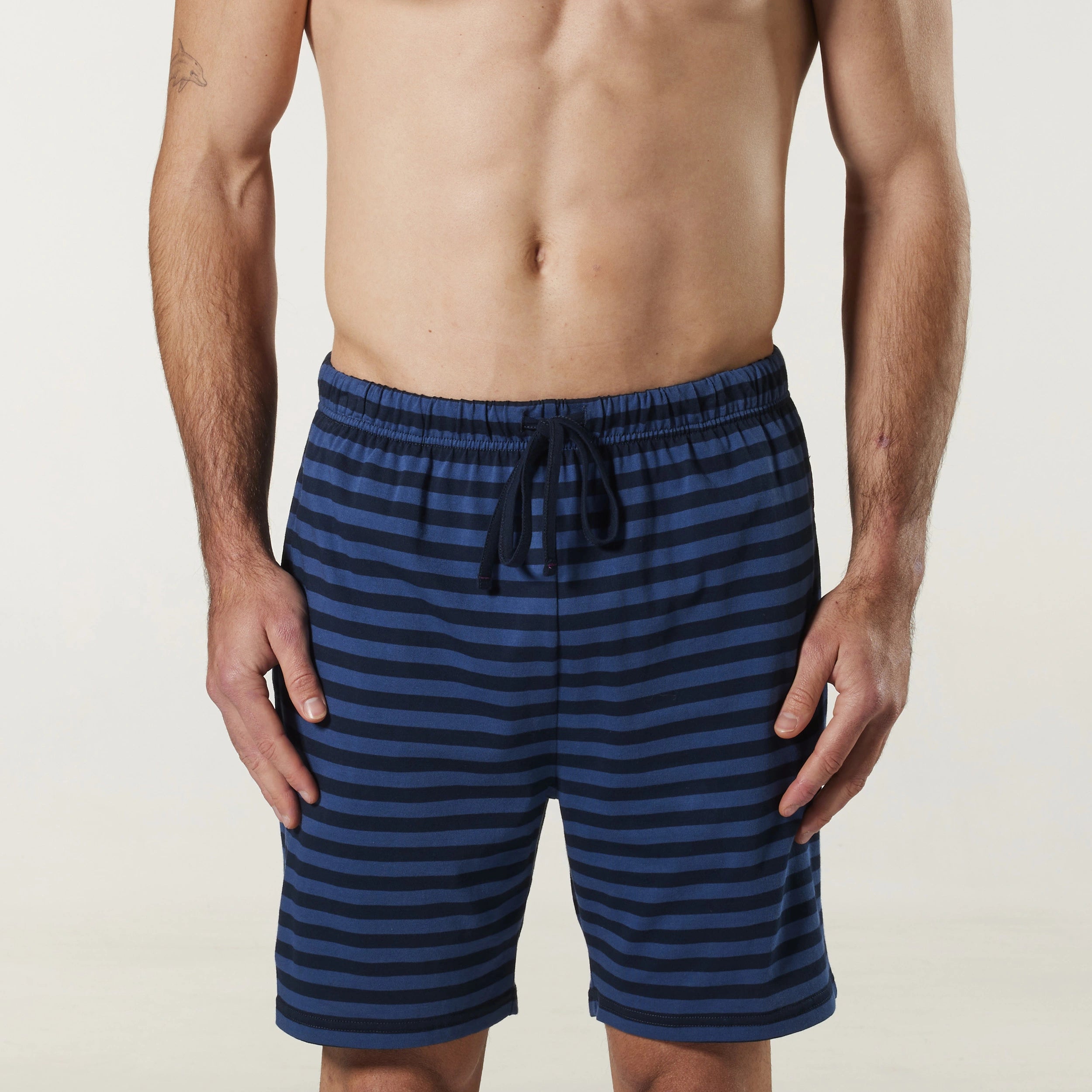 Men's Denim Stripe Cotton Knit Sleep Short Model Image 1