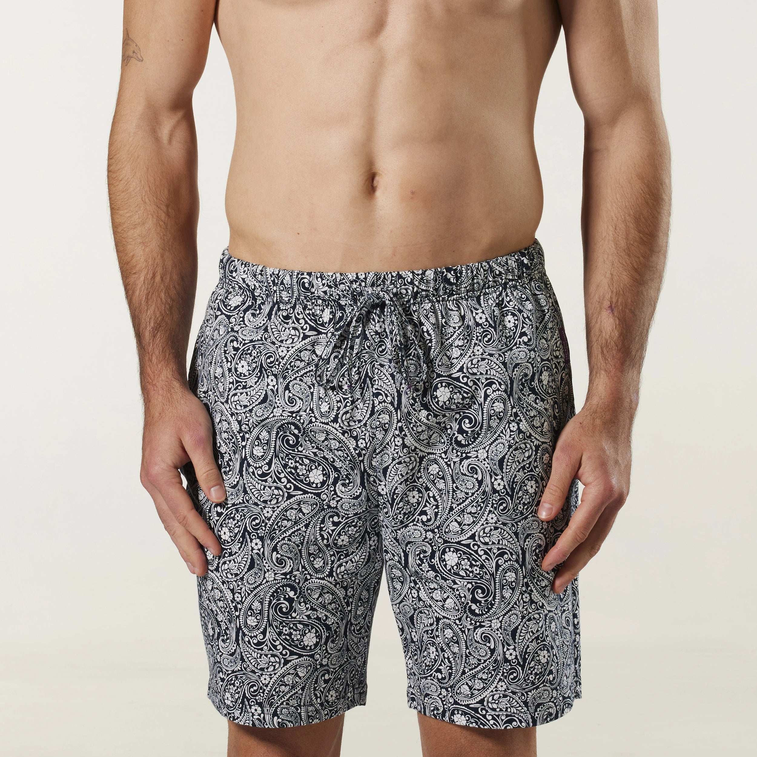 Men's Lazy Paisley Cotton Knit Sleep Short - Navy & White - Image 1
