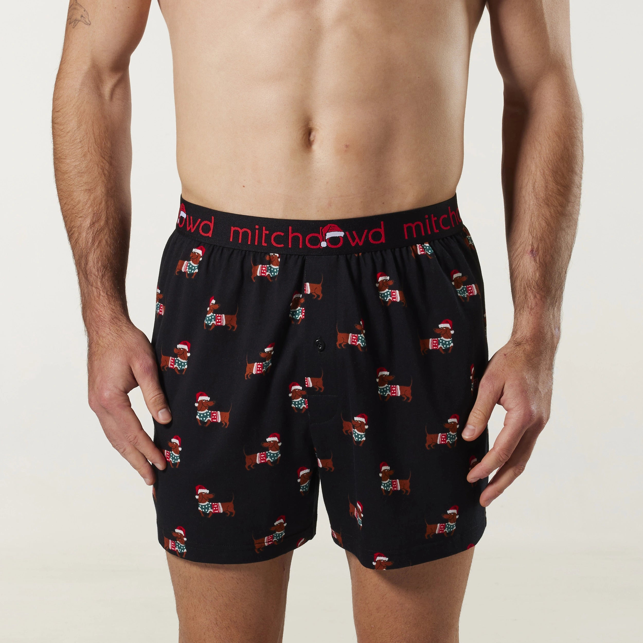 Men's Christmas Sausage Dogs Cotton Loose Fit Knit Boxer Shorts - Black - Image 1