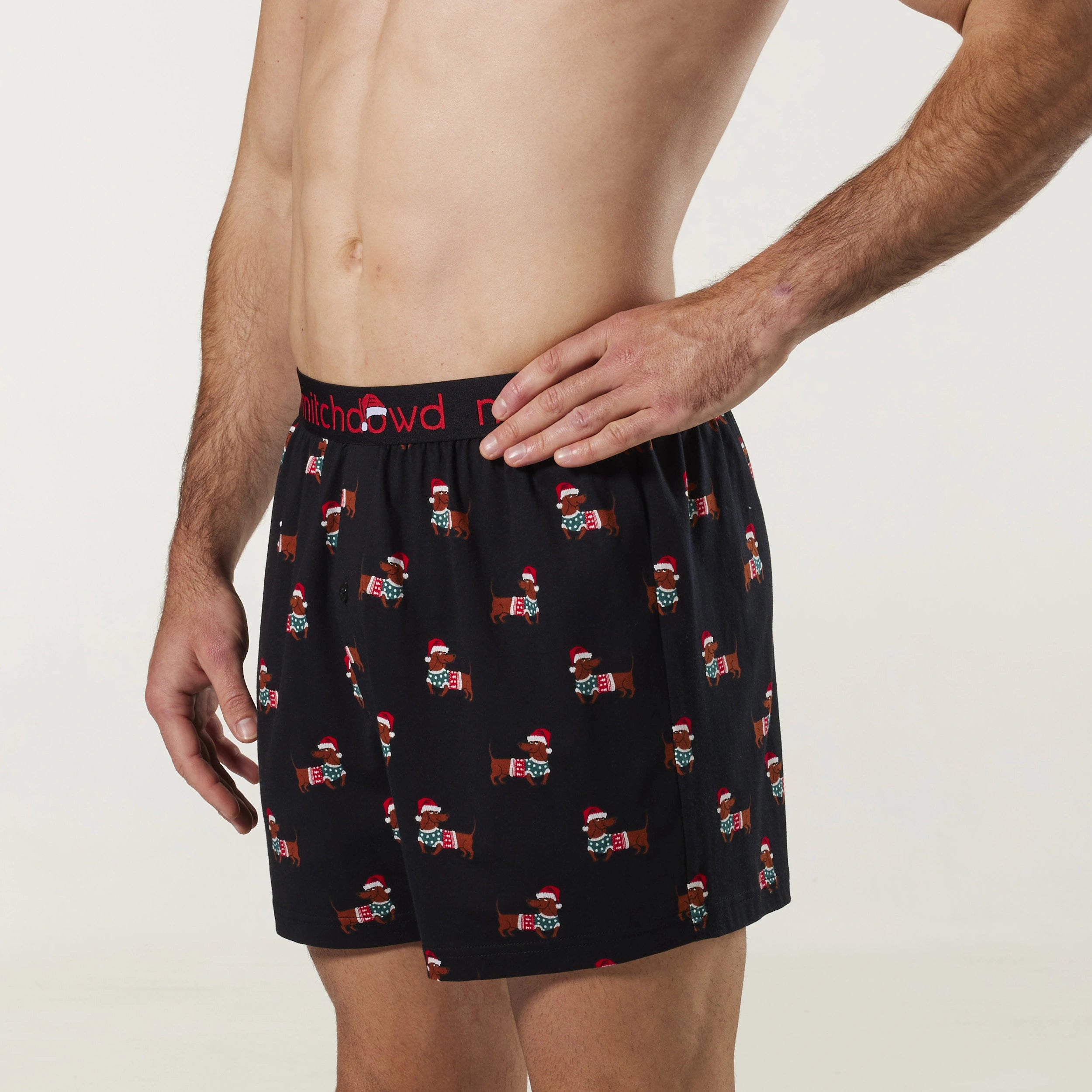 Men's Christmas Sausage Dogs Cotton Loose Fit Knit Boxer Shorts - Black - Image 2