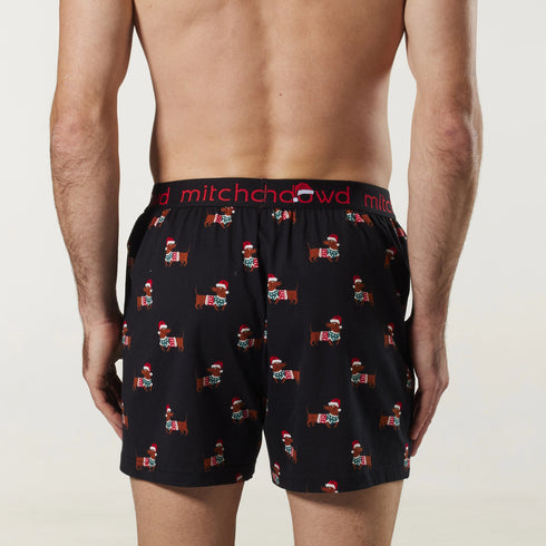Men's Christmas Sausage Dogs Off Cotton Loose Fit Knit Boxer Shorts - Black