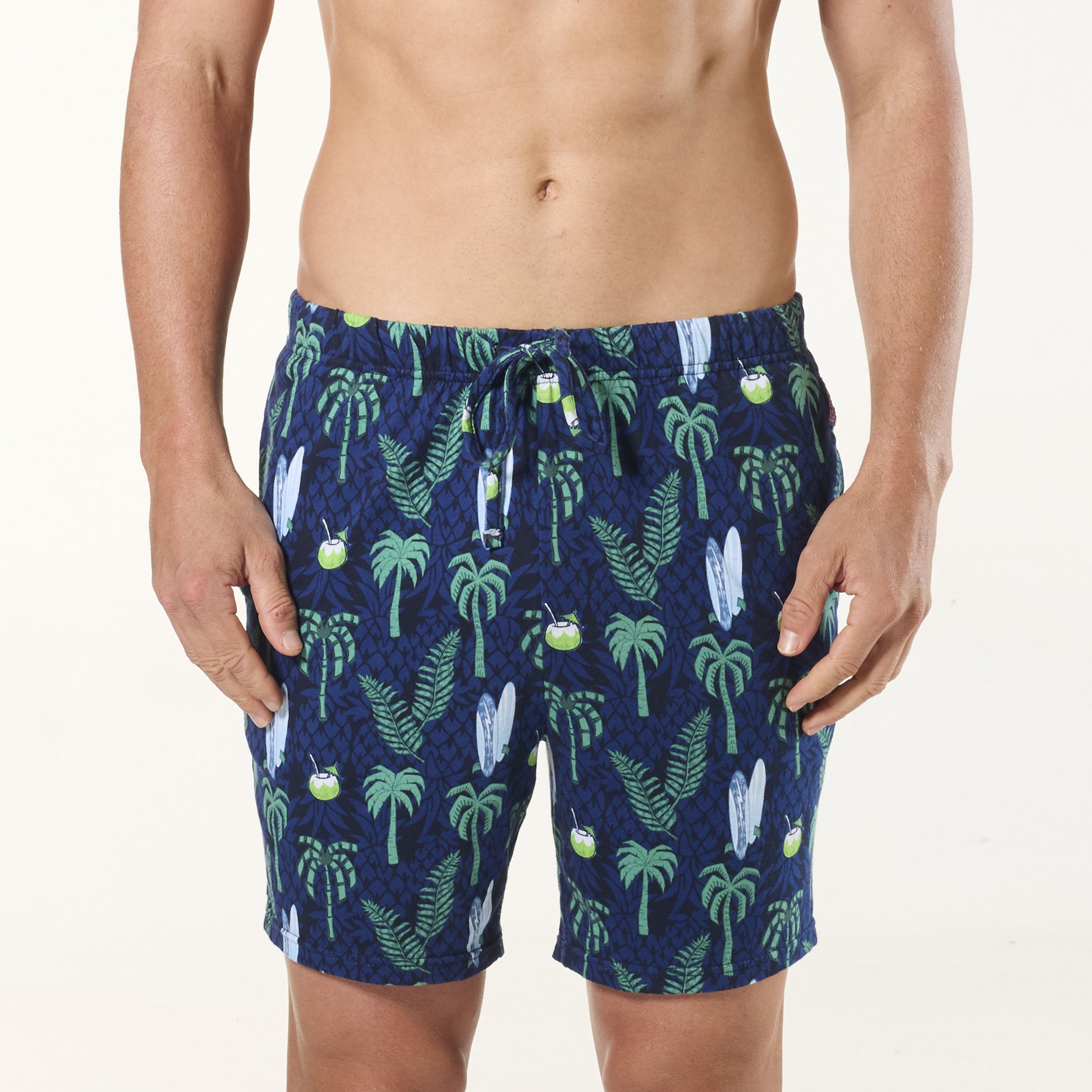 Men's Summer Palms Cotton Knit Sleep Short - Navy - Image 1