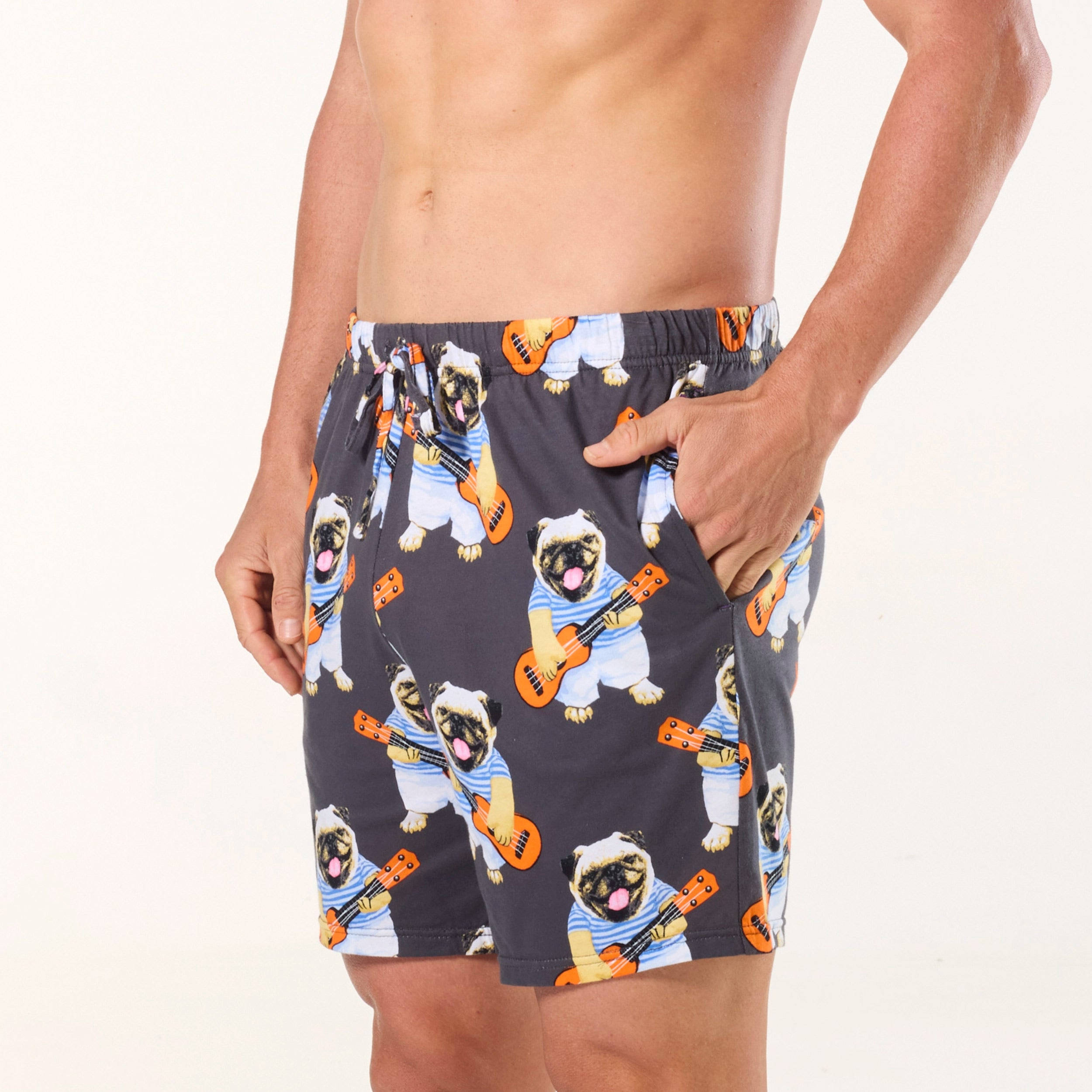 Men's Ukulele Pugs Cotton Knit Sleep Short - Charcoal - Image 2