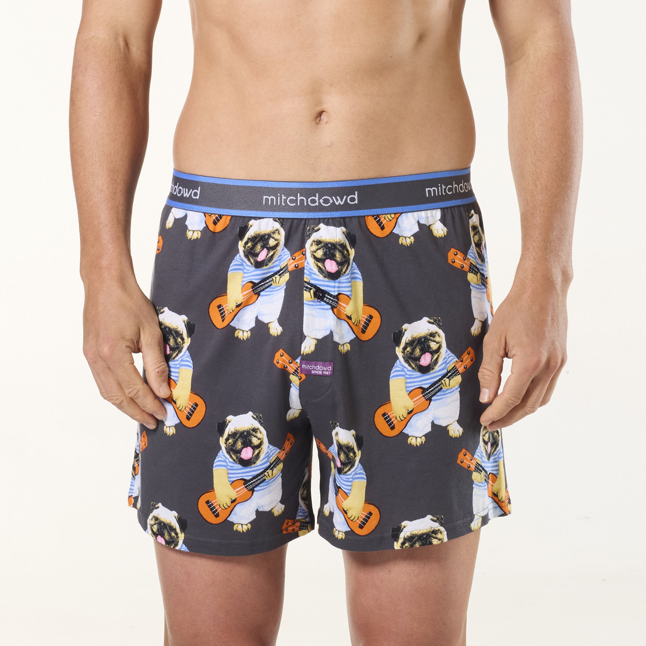 Men's Ukulele Pugs Cotton Loose Fit Knit Boxer Shorts - Charcoal - Image 1