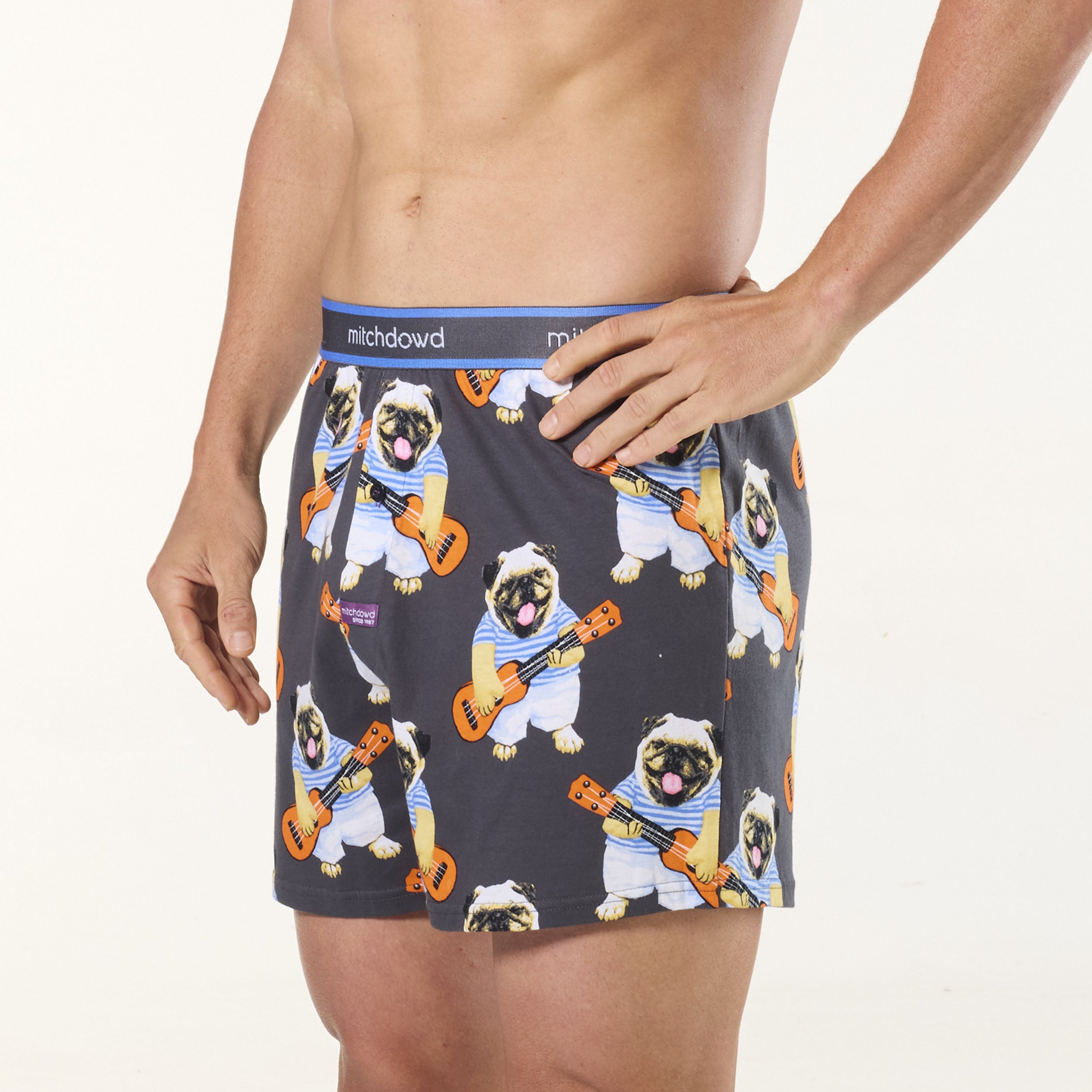 Men's Ukulele Pugs Cotton Loose Fit Knit Boxer Shorts - Charcoal - Image 2