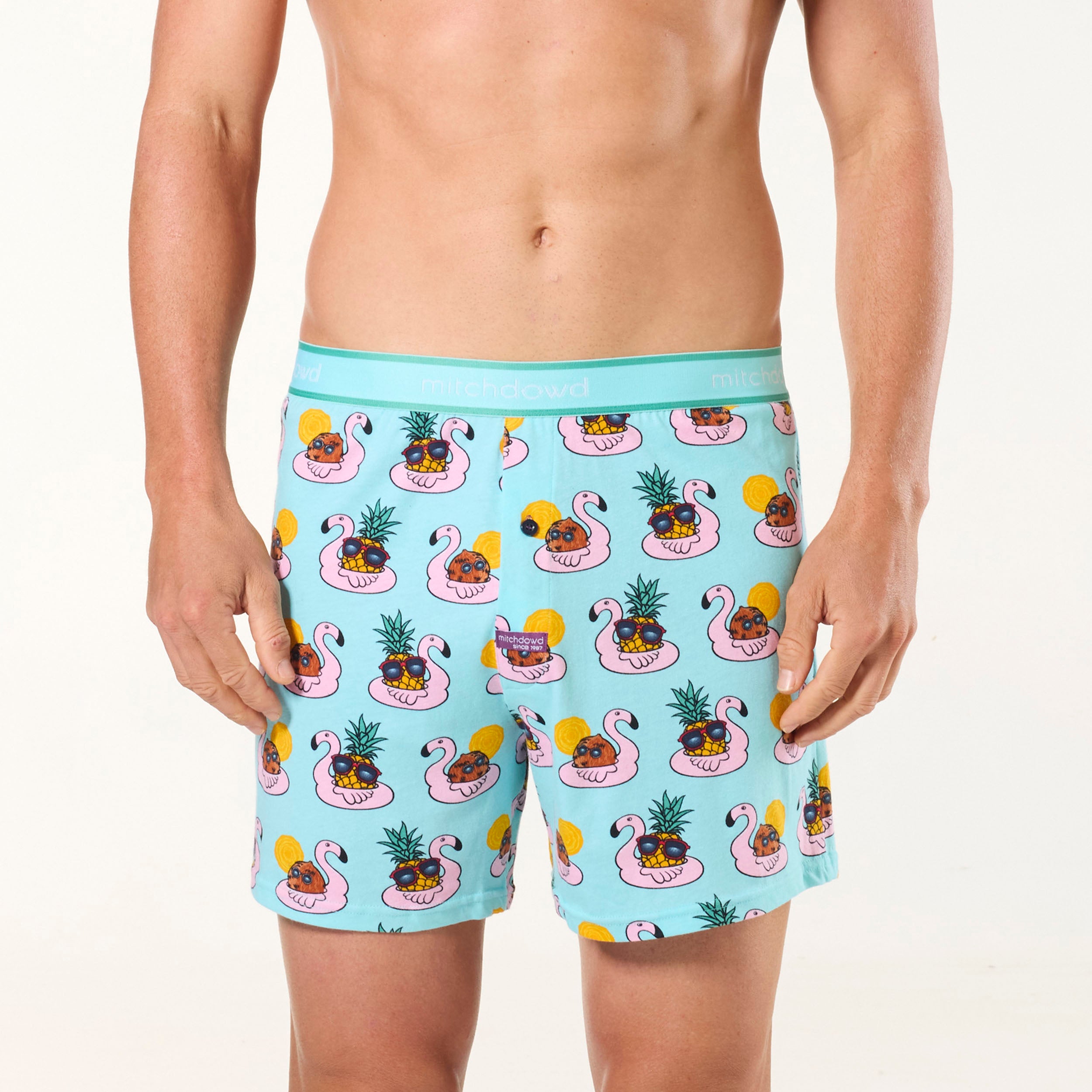 Men's Flamingo Colada Cotton Loose Fit Knit Boxer Shorts - Blue - Image 1