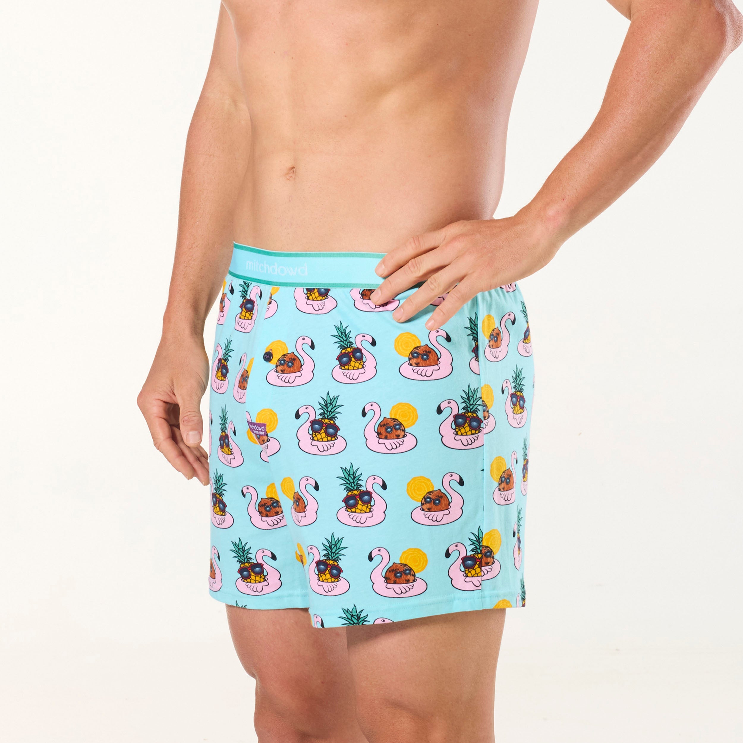 Men's Flamingo Colada Cotton Loose Fit Knit Boxer Shorts - Blue - Image 2