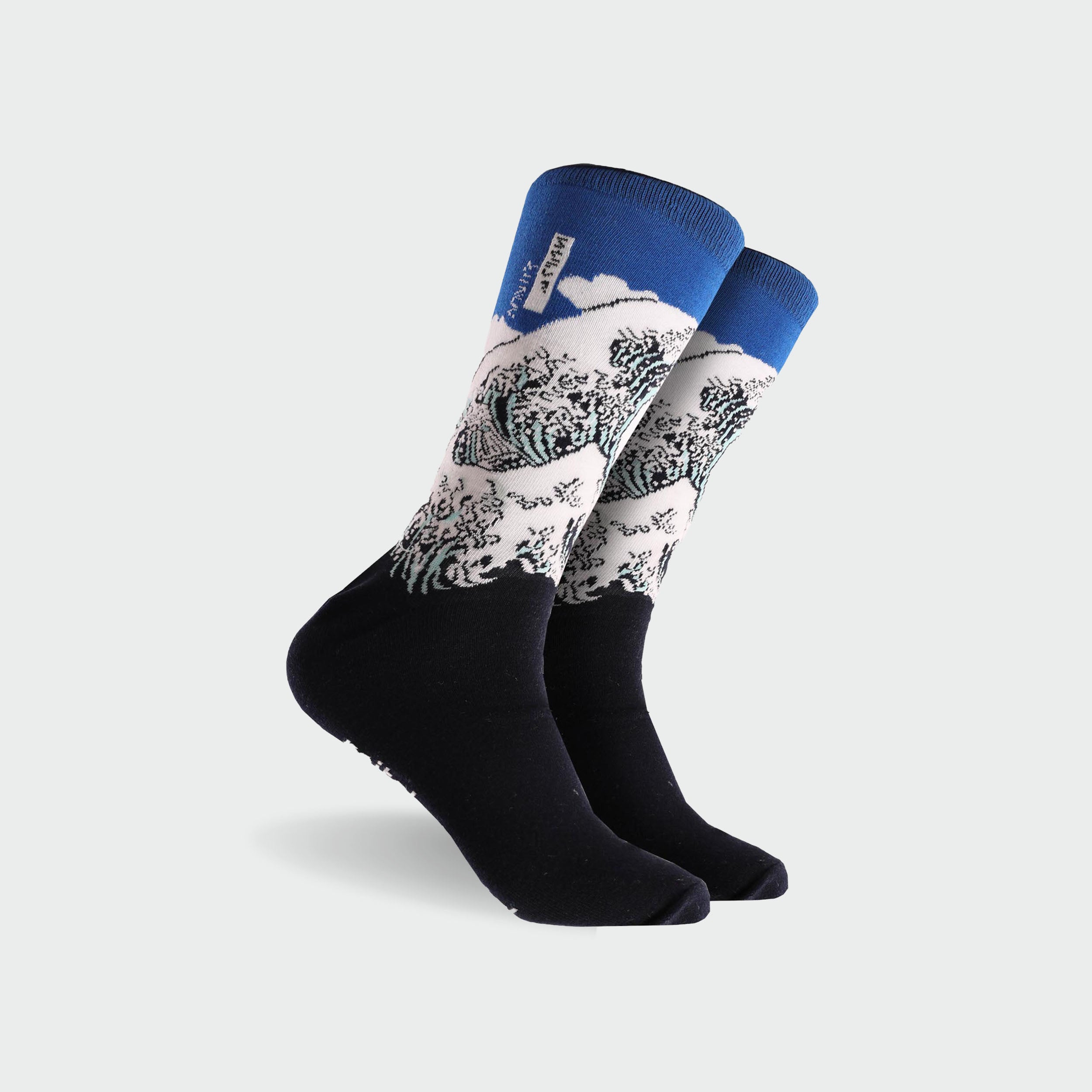 Men's Great Wave Art Cotton Crew Sock - Navy - Image 1