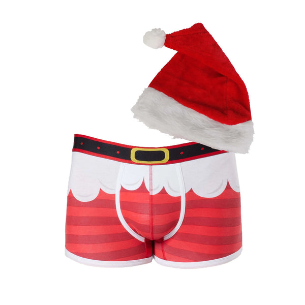 Men's Christmas Santa Cotton Mid-Length Trunk with Santa Hat - Red