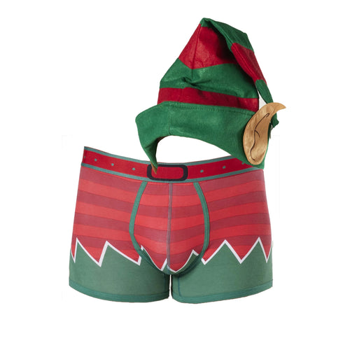 Men's Christmas Elf Cotton Mid-Length Trunk with Elf Hat - Red & Green