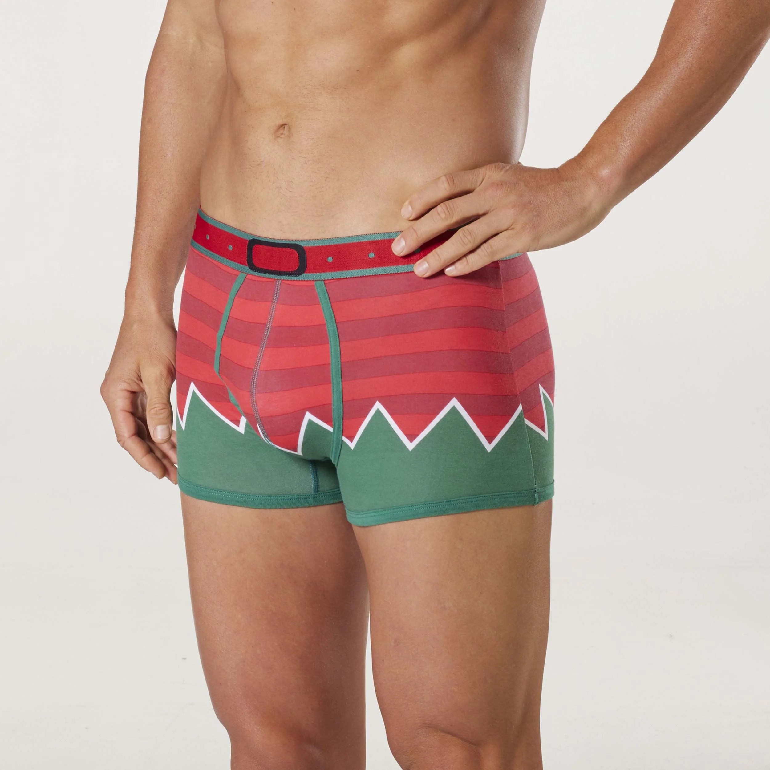 Men's Christmas Elf Cotton Trunk with Elf Hat - Red & Green - Image 4