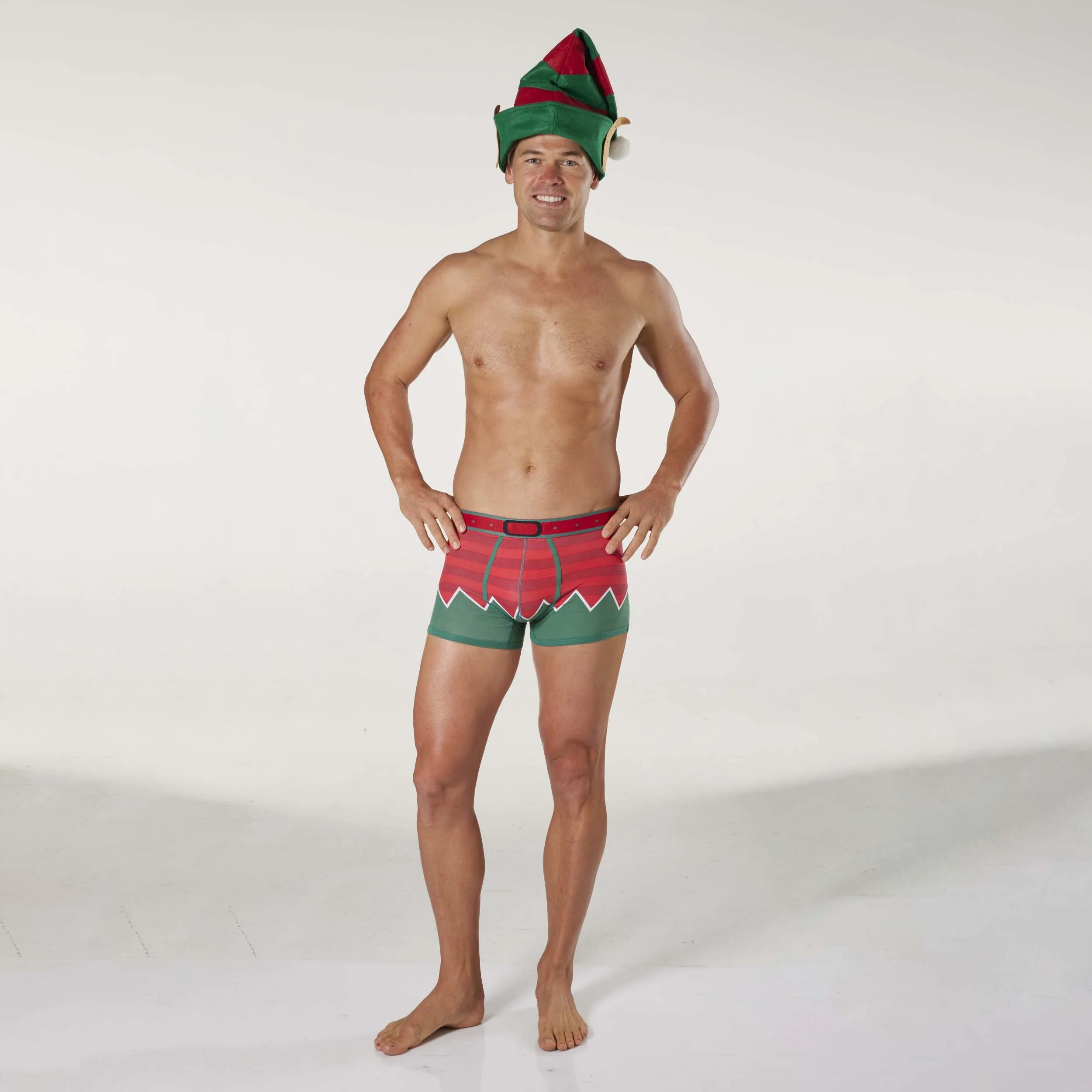 Men's Christmas Elf Cotton Trunk with Elf Hat - Red & Green - Image 3