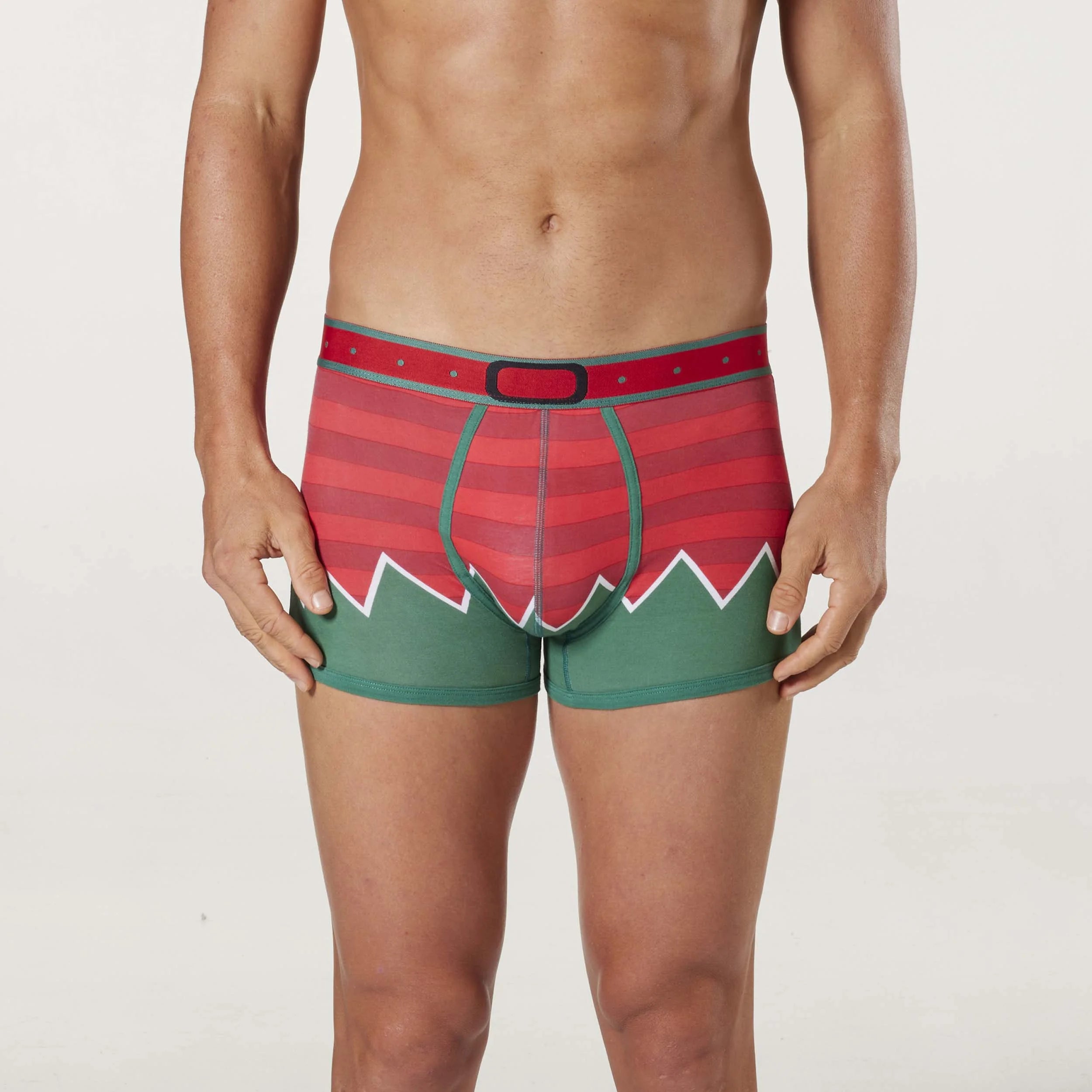 Men's Christmas Elf Cotton Trunk with Elf Hat - Red & Green - Image 2