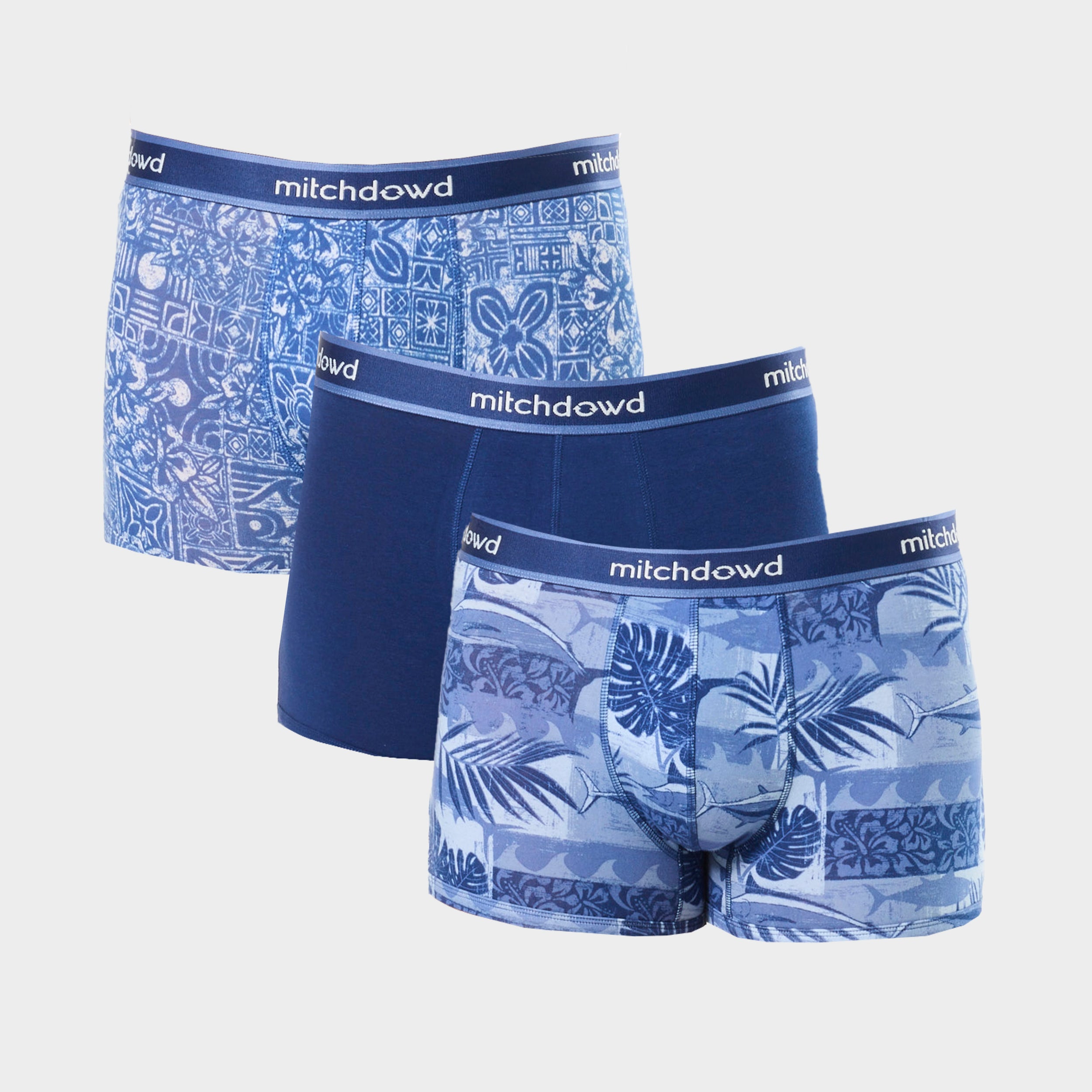 Mitch Dowd Men’s 3 Pack Trunks in Blue Tones and Tropical Design