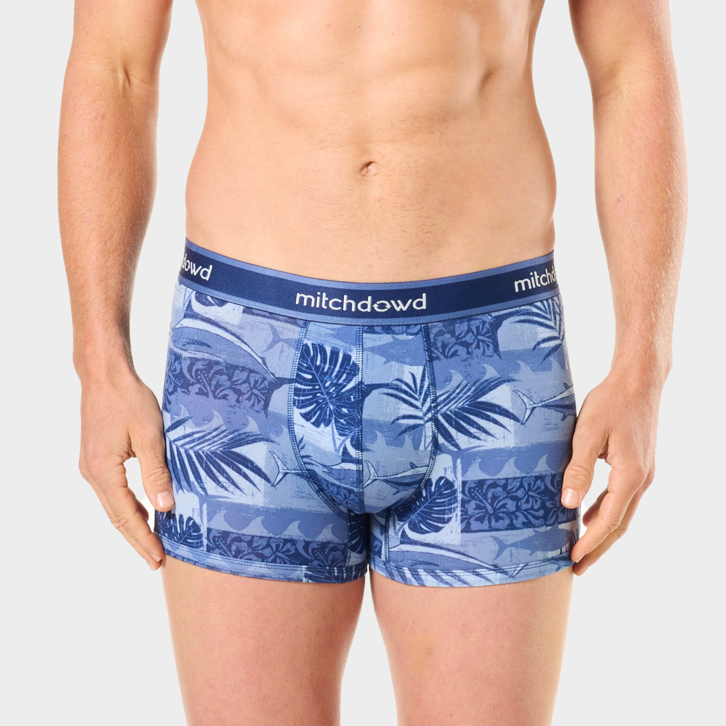 Mitch Dowd Men’s 3 Pack Trunks in Blue Tones and Tropical Design