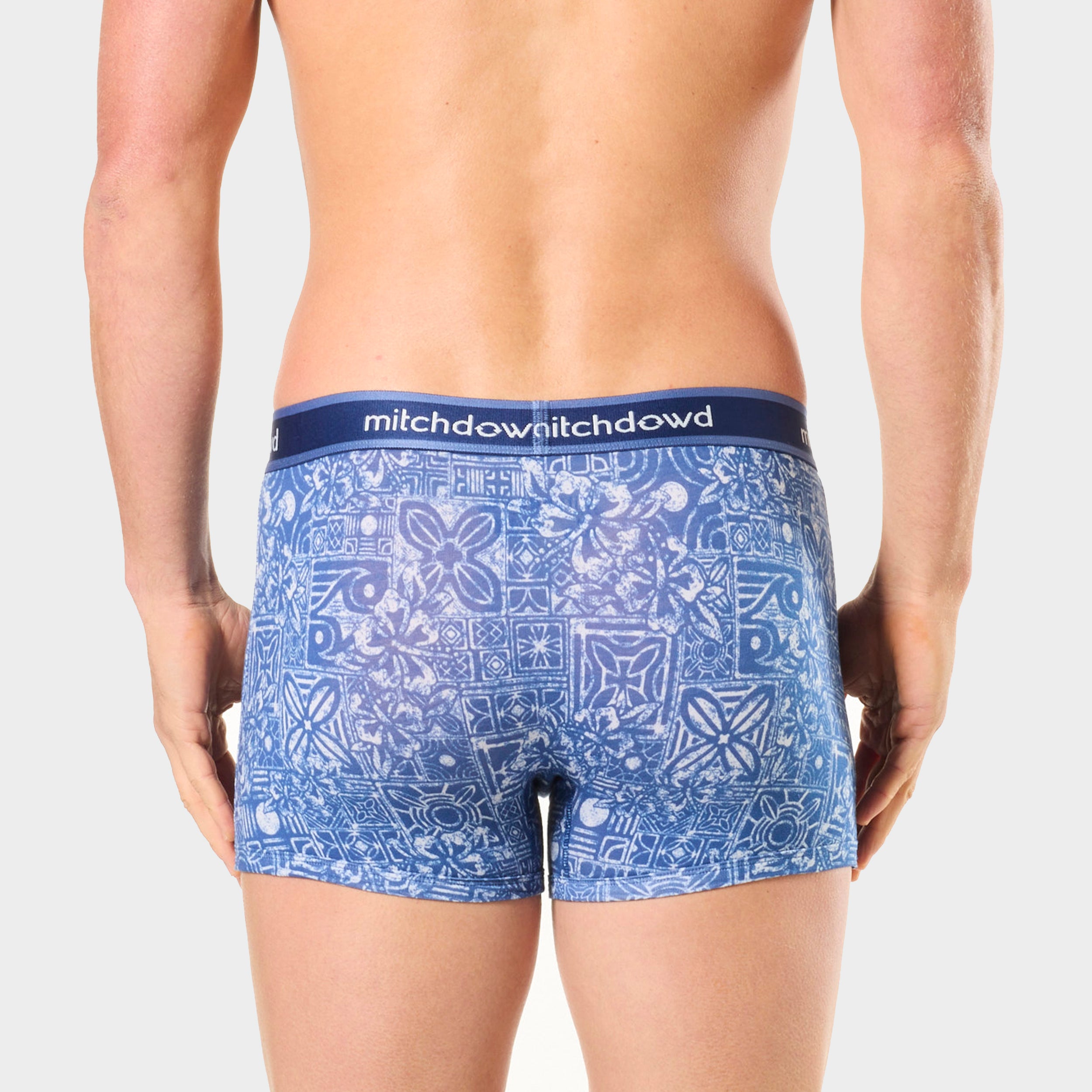 Mitch Dowd Men’s 3 Pack Trunks in Blue Tones and Tropical Design