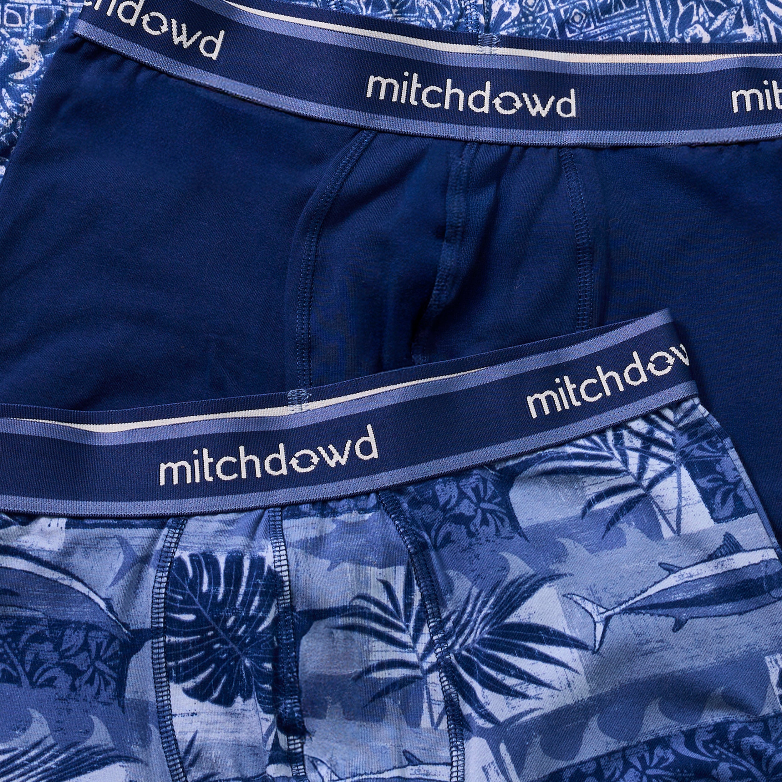 Mitch Dowd Men’s 3 Pack Trunks in Blue Tones and Tropical Design