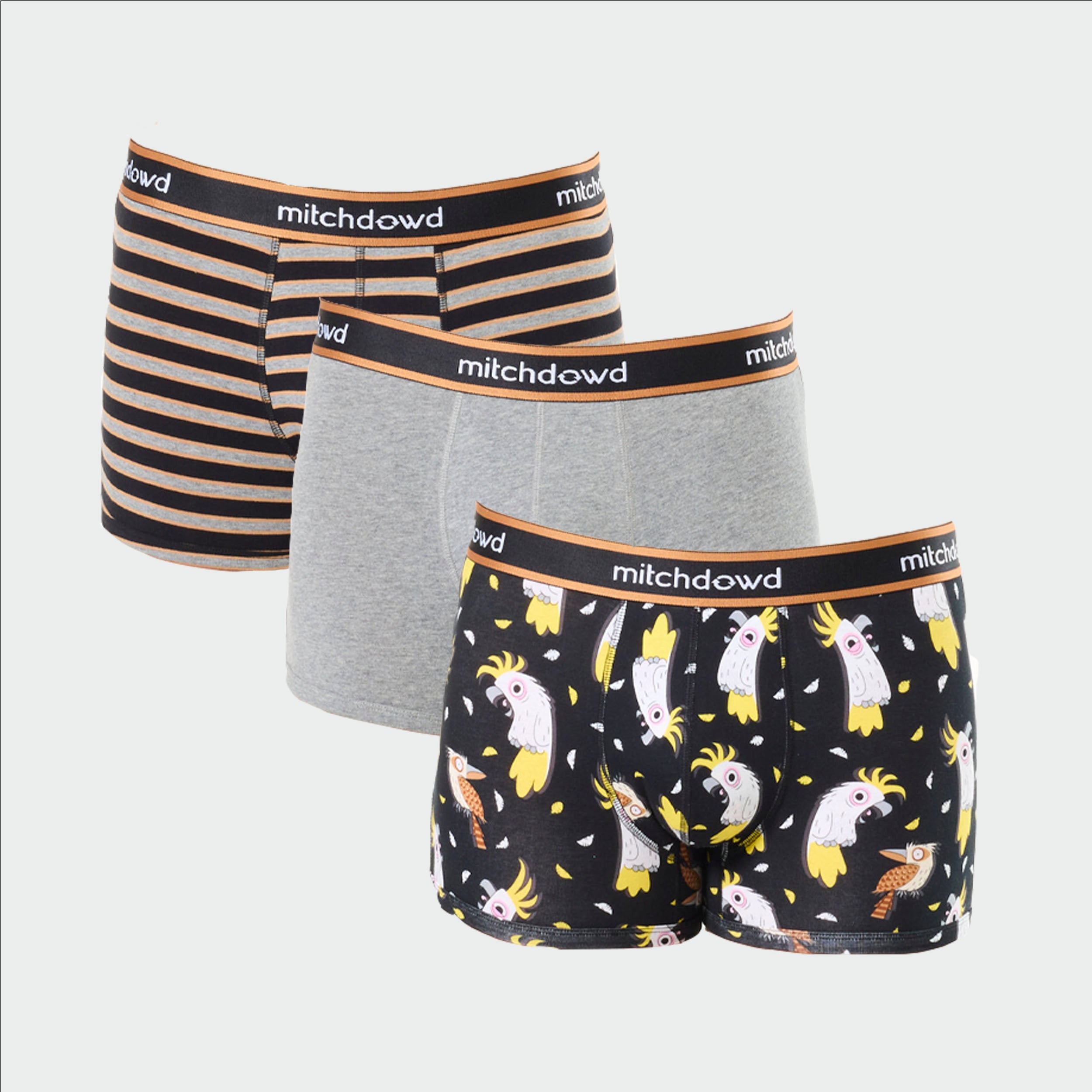 Mitch Dowd Men’s 3 Pack Trunks in Stripe, Grey and Cockatoo Design