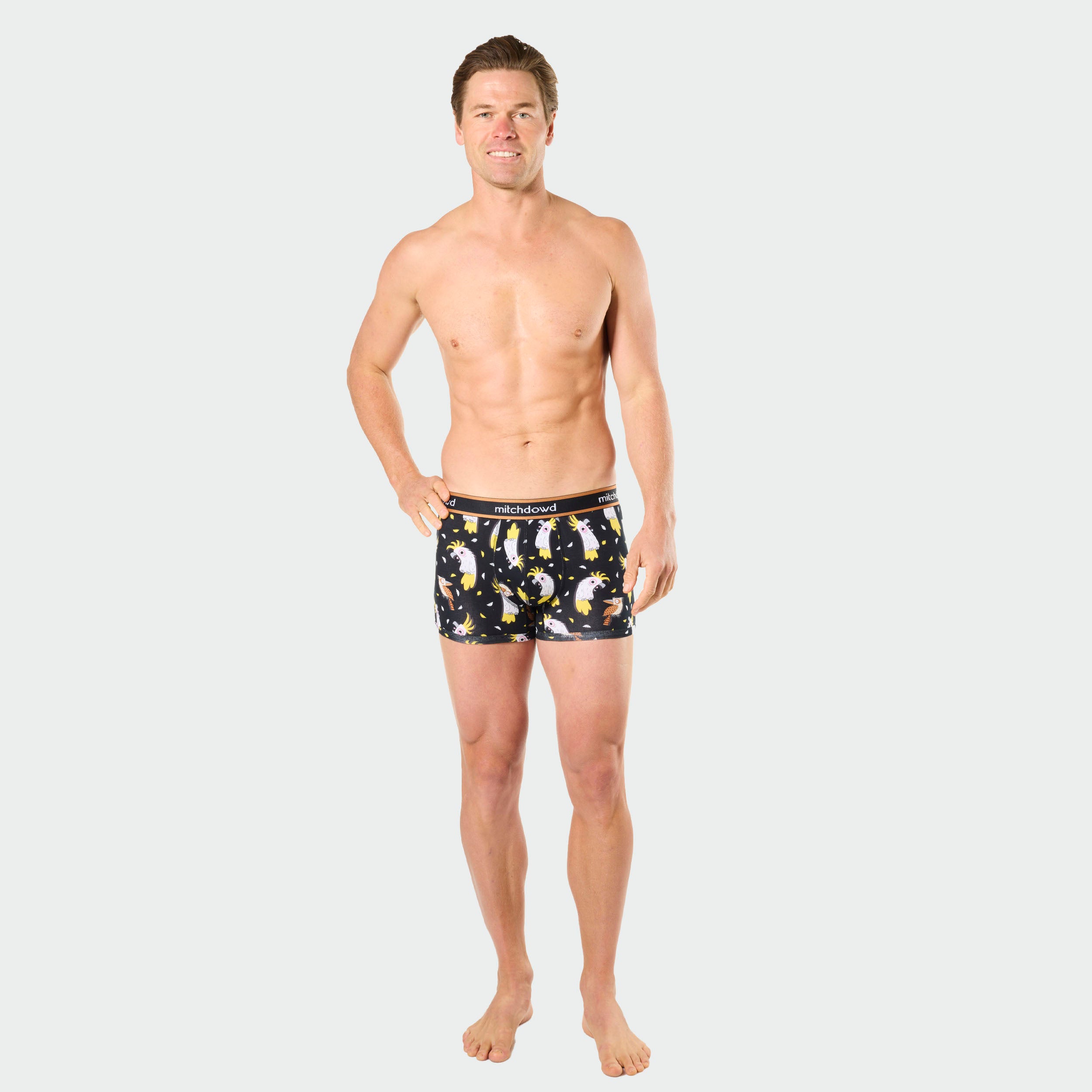 Mitch Dowd Men’s 3 Pack Trunks in Stripe, Grey and Cockatoo Design