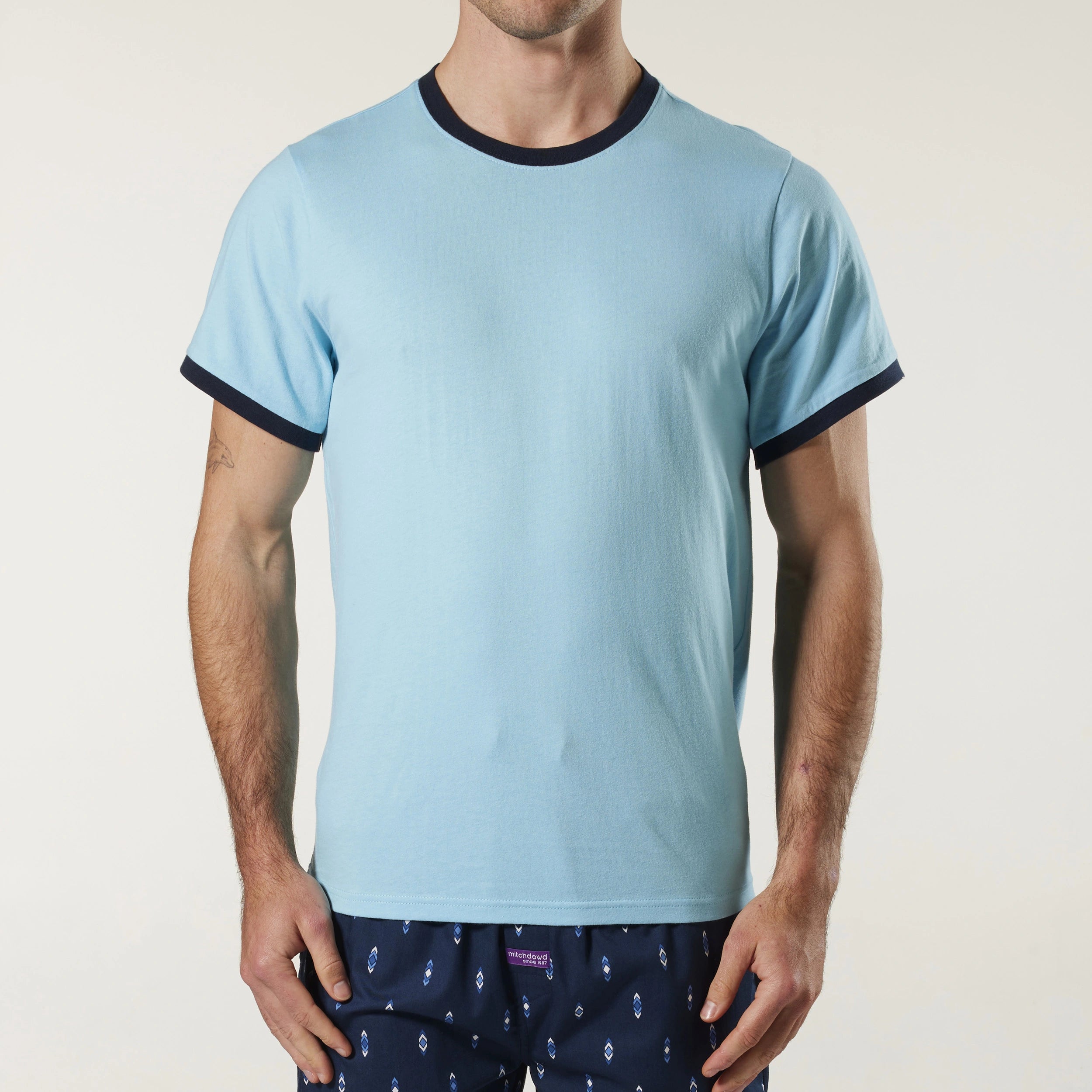 Men's Contrast Ringer Cotton Sleep Tee - Sky Blue - Image 1